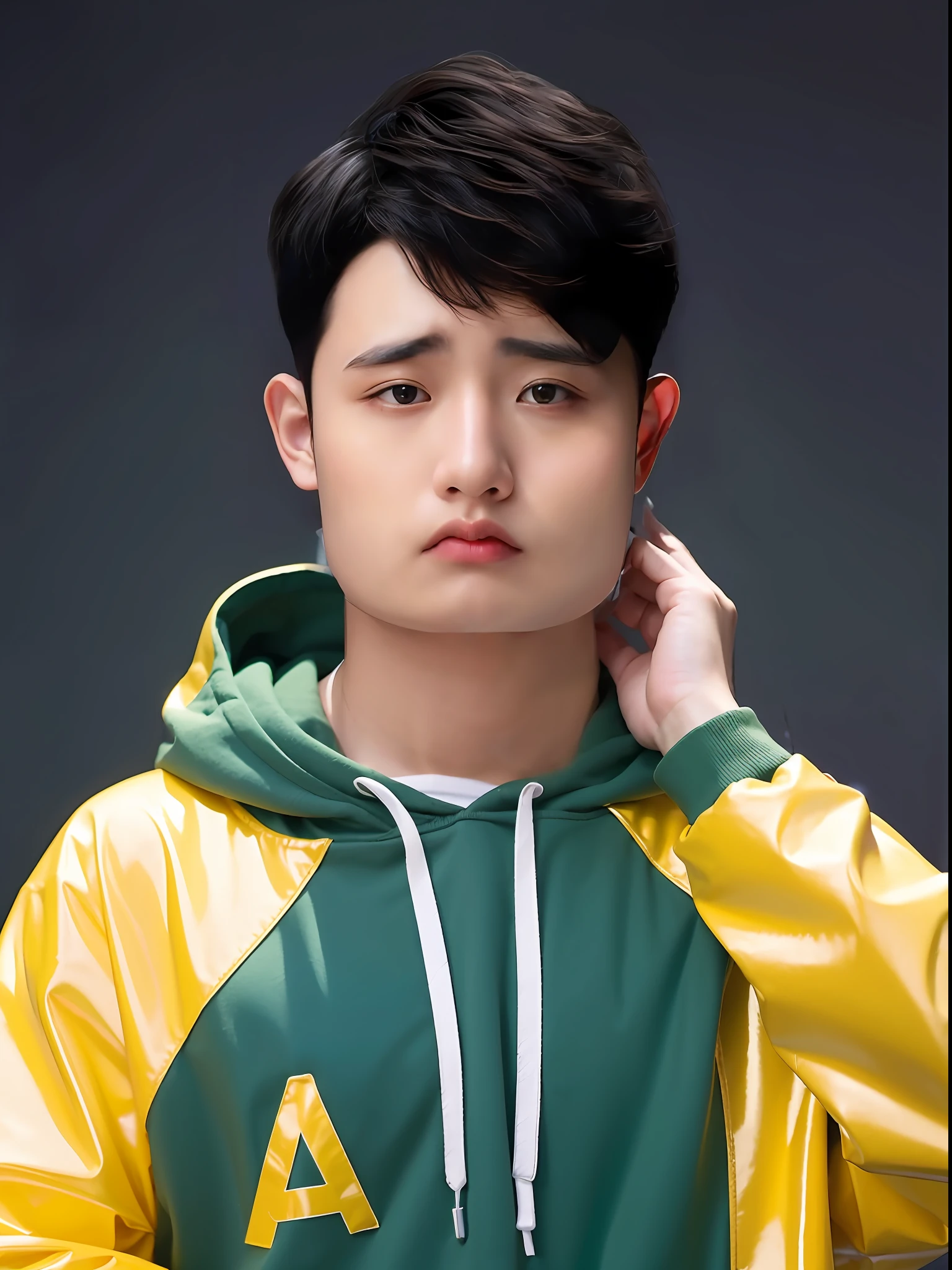 A Chinese male high school student，Wearing a green sweatshirt in PVC