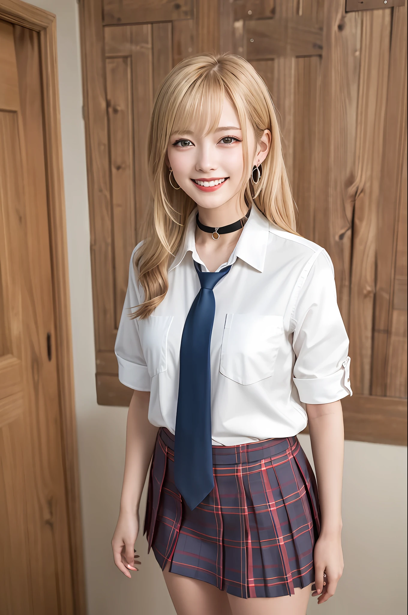 Best Quality, 超A high resolution, (Photorealistic:1.4), kitagawa marin, 1girl in, Red pupil, Blonde hair, Long hair, multicolored hair, Red , Jewelry, earrings, Piercing, School uniform, White shirt, Tied shirt, Black Choker, blue necktie, plaid skirts, grin, Smile, Standing, Cowboy Shot, crass room,