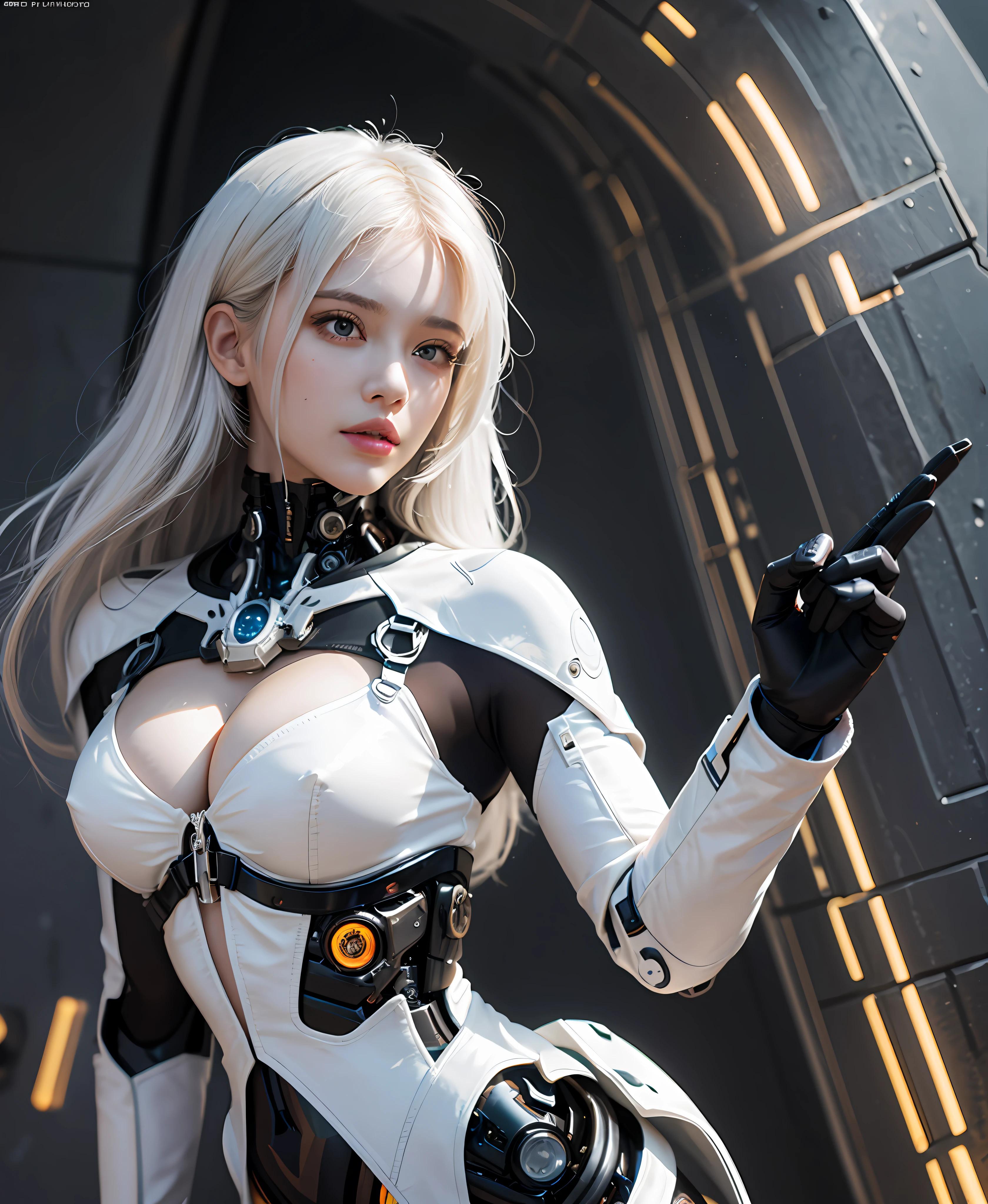 white hair、long fluttering hair、strong breeze、Orange Eyes、radiant eyes、Steampunk Girl、Colossal tits、The face and chest are alive、Cleavage is visible。photoRealstic、portfolio、White latex suit、White porcelain body、Evangelion-style metal mecha suit、Combat cyborg、Sumerian details、metalic、detailed mechanical components、Bundle of thin tubes、Metal cylinder、Detailed neon、Fine LED、Fine parts