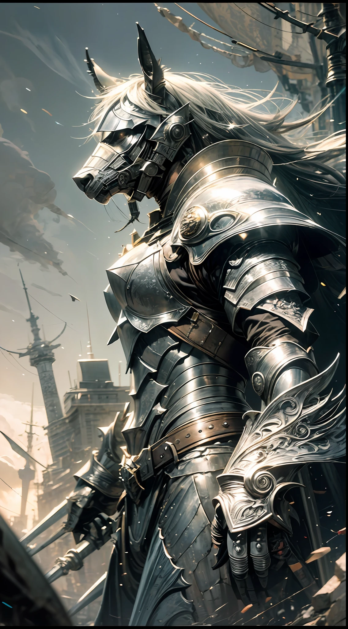 "Film clip of the silver-armored warrior horse，Strong，Mighty，Elaborate heavy armor glistens in movie lights。”