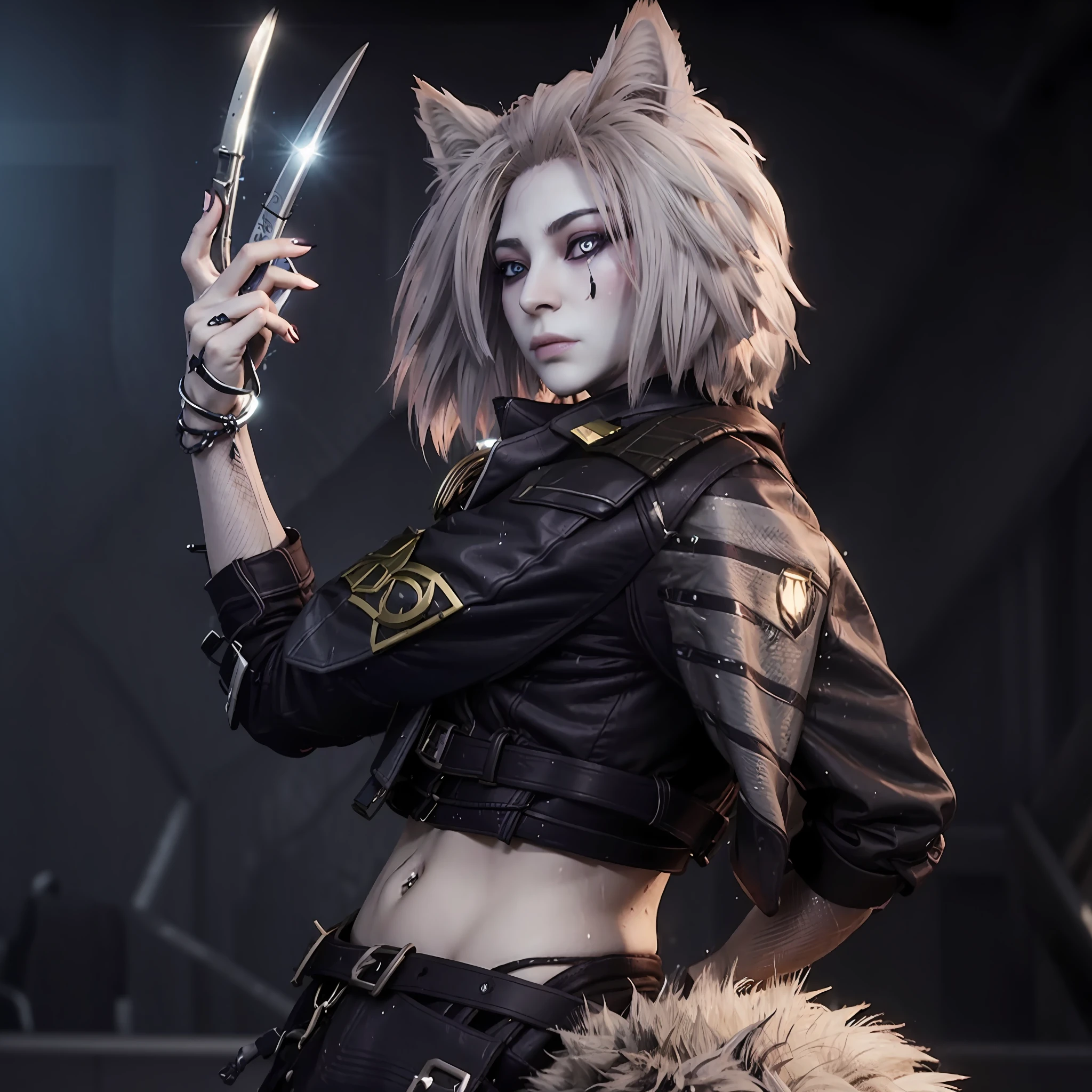 Close-up of a person, holding a knife in a dark room, angry high moral sexy werewolf, Red Female Killer, attractive cat girl, cat girl, Wolf Girl, seductive cyberpunk dark fantasy, Cyberpunk femme fatale, katana zero video game character, cyberpunk cat, beautiful young catgirl, game cg, Female anthropomorphic wolf, furry character, catgirl