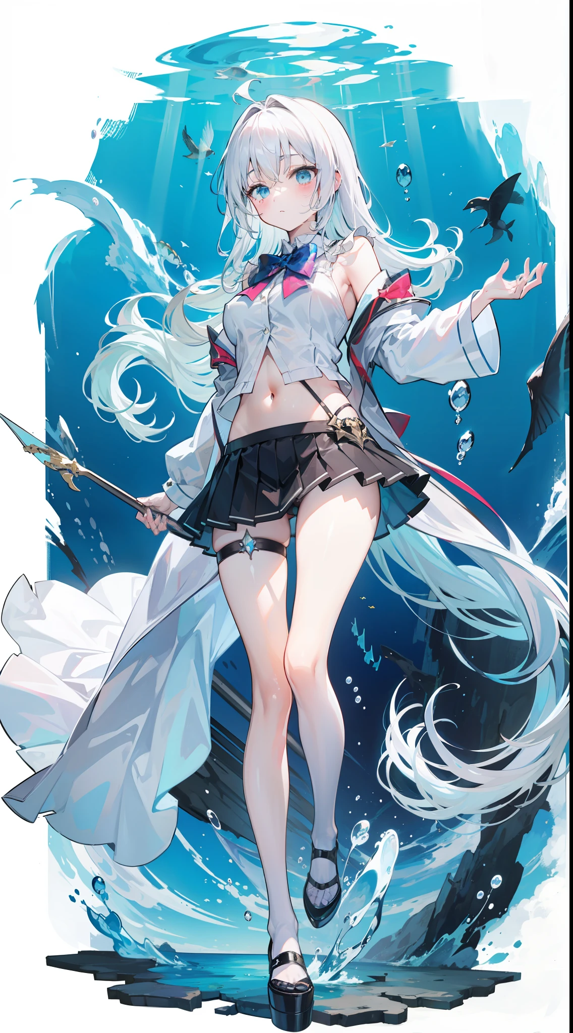 Masterpiece((tmasterpiece)),(White color blouse),((black micro skirt)),(Black transparent stockings),adolable,is shy,(Long blue)Hair,red bowtie,long leges,(At the bottom of the sea),Open navel