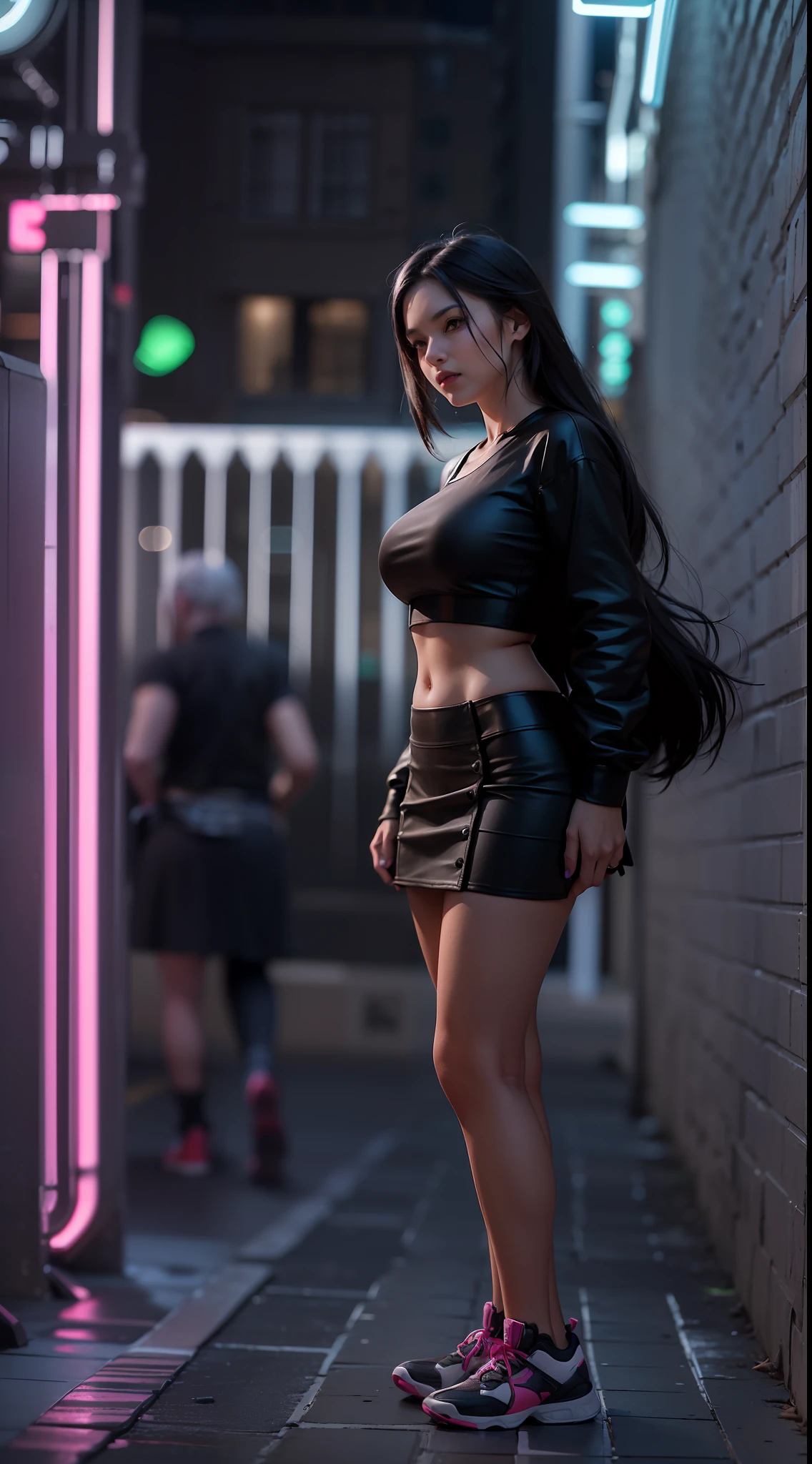 ((woman on the street)), Realistic, Best Quality, (((little black skirt: 1.5))))),((black crop top:1.3)), (big breasts: 1.7),(big ass: 1.6), ((night time:1.3)), dynamic lighting, intricately , volumetric lighting, trending on Artstation, warm colors, ambient occlusion, 8K resolution, depth of field, ((Unreal Engine 5: 1.2)), ((glowing neon: 1.7)) ((master piece: 1.6)), (((perfect anatomy: 1.7)))