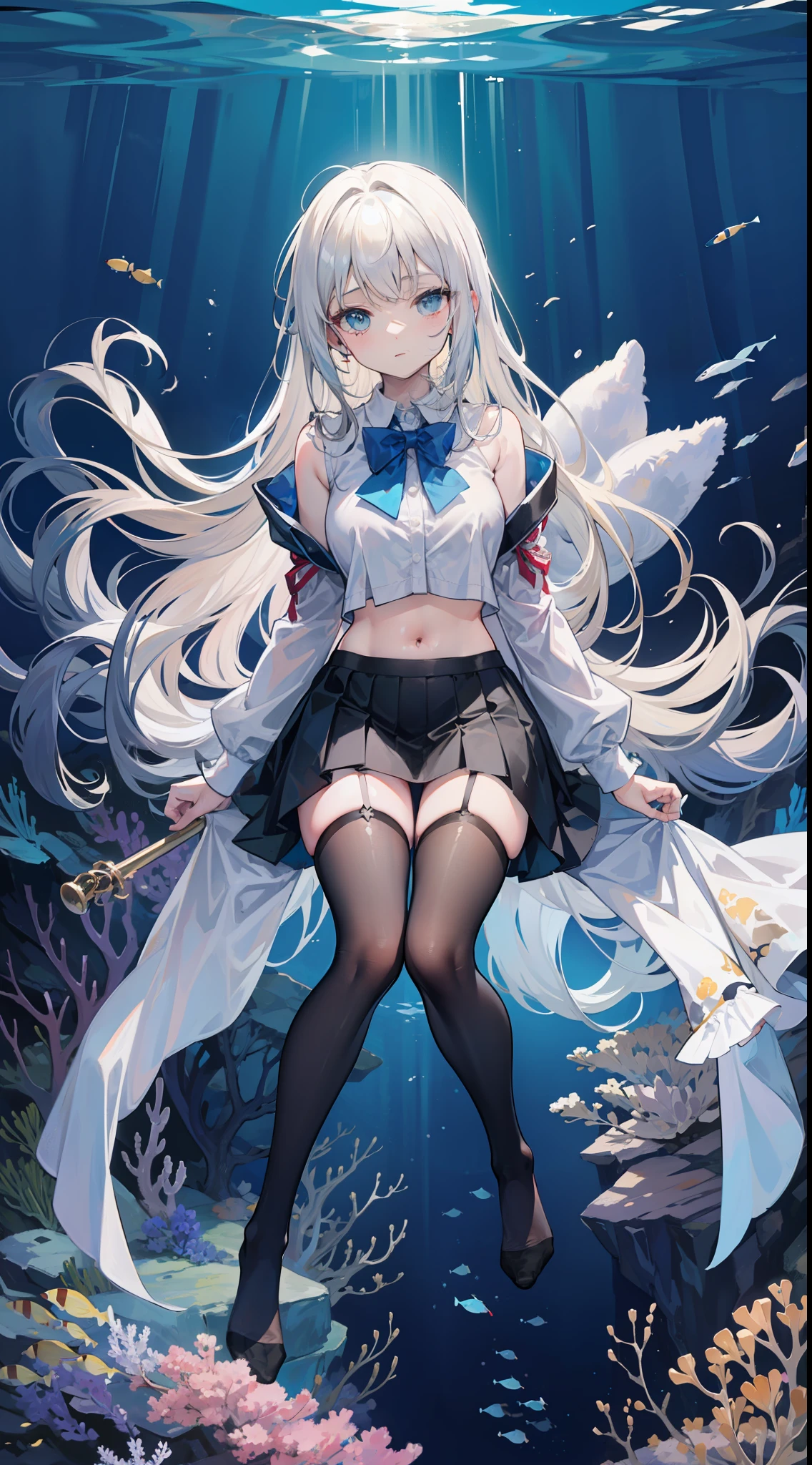 Masterpiece((tmasterpiece)),(White color blouse),((black micro skirt)),(Black transparent stockings),adolable,is shy,(Long blue)Hair,red bowtie,long leges,(At the bottom of the sea),Open navel