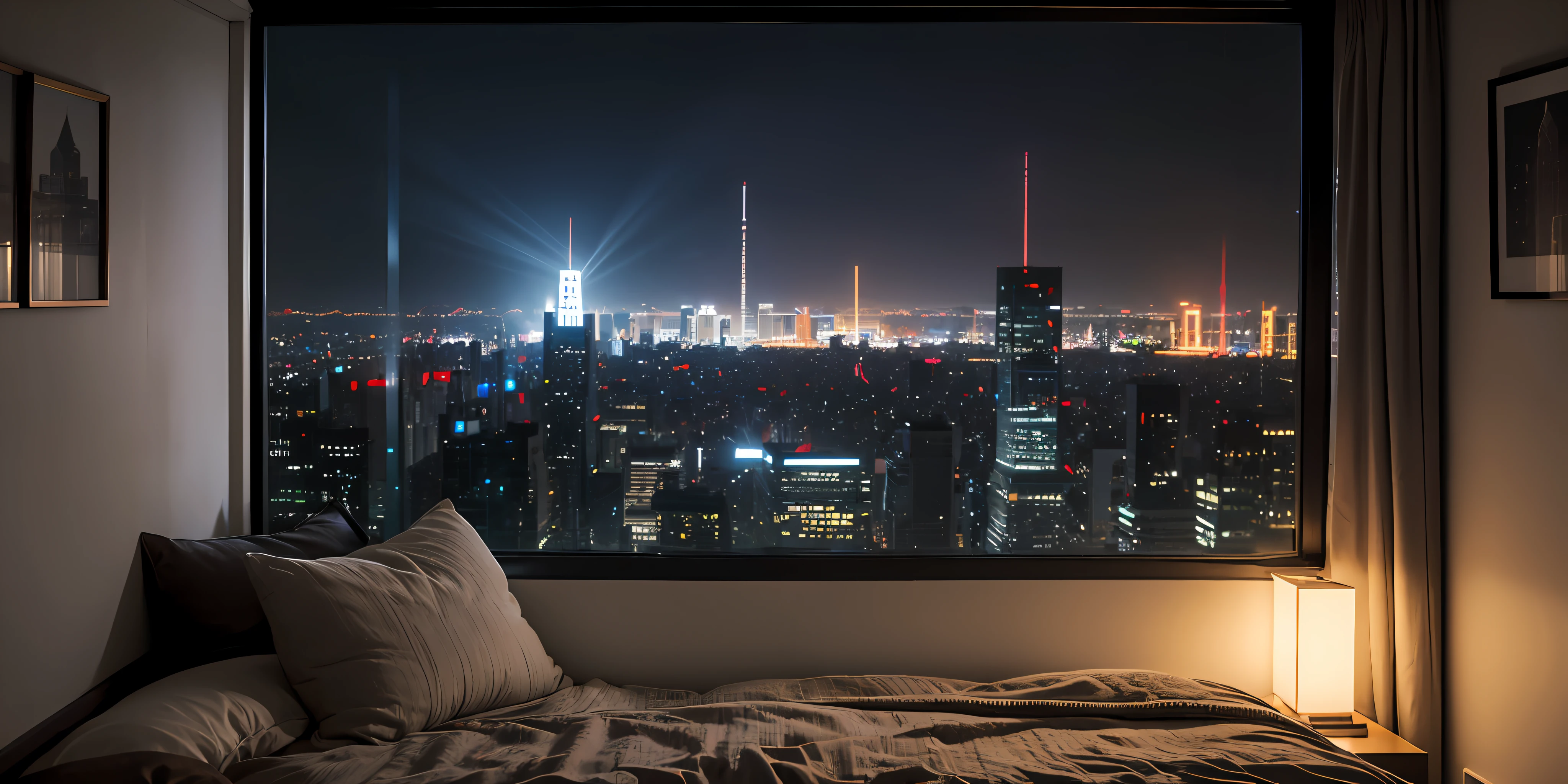 ((masterpiece)), (ultra-detailed), (intricate details), (high resolution CGI artwork 8k), Create an image of a retro futuristic cyberpunk bedroom. One of the walls should feature a big window with a busy, colorful, and detailed cyberpunk cityscape. Futuristic style with lots of colors and LED lights. The cityscape should be extremely detailed with depth of field. Utilize atmospheric lighting to create depth and evoke the feel of a busy futuristic city outside the window. Pay close attention to face details like intricate, hires eyes and bedroom accents. Camera: wide shot showing the room and the window. The window should be the focal point of the image. Lighting: use atmospheric and volumetric lighting to enhance the cityscape details. The room should be illuminated by the neon lights from the cityscape.