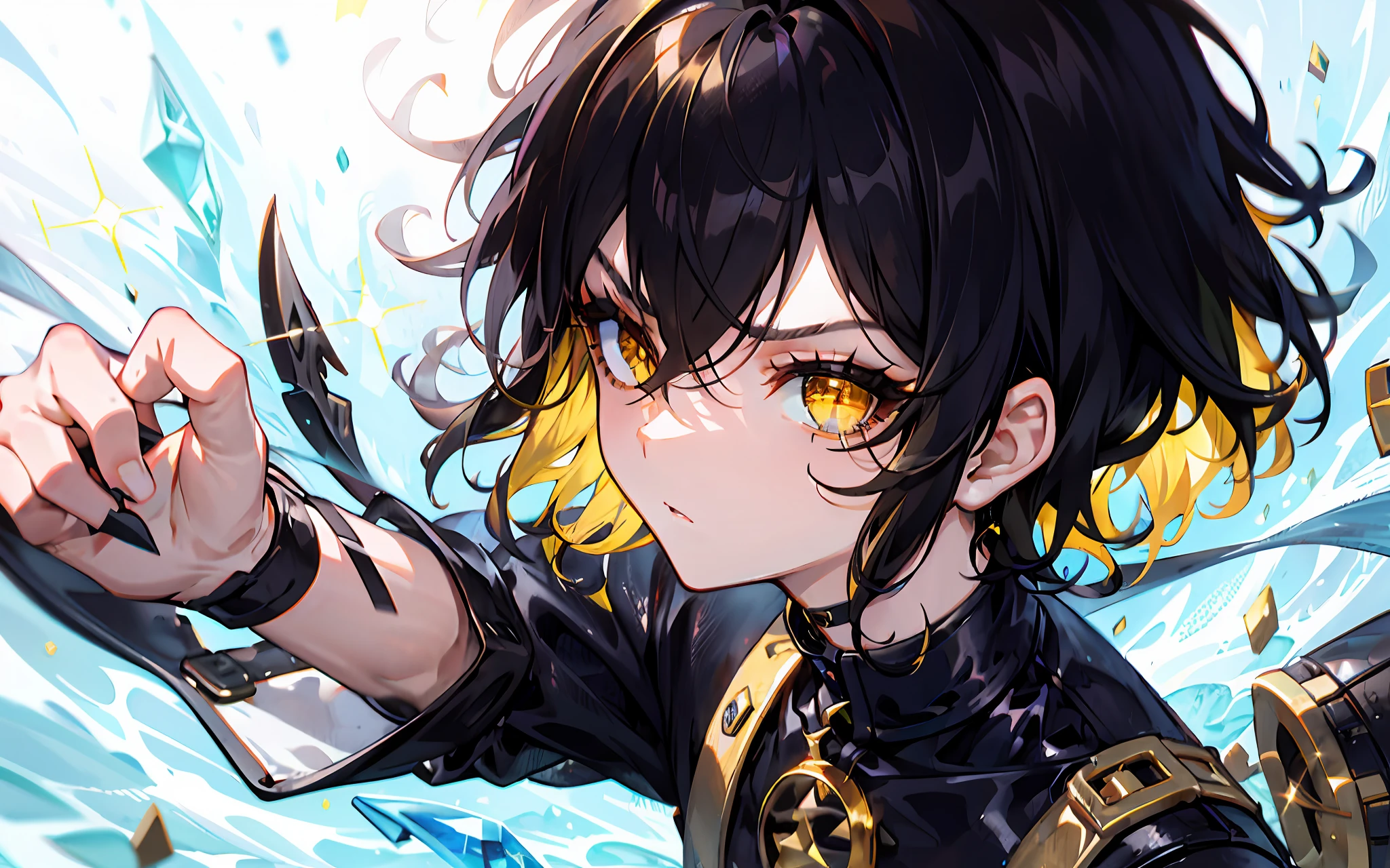 Brunette boy,short detailed hair,The expression is fierce,Yellow eyes,Sparkling golden eyes