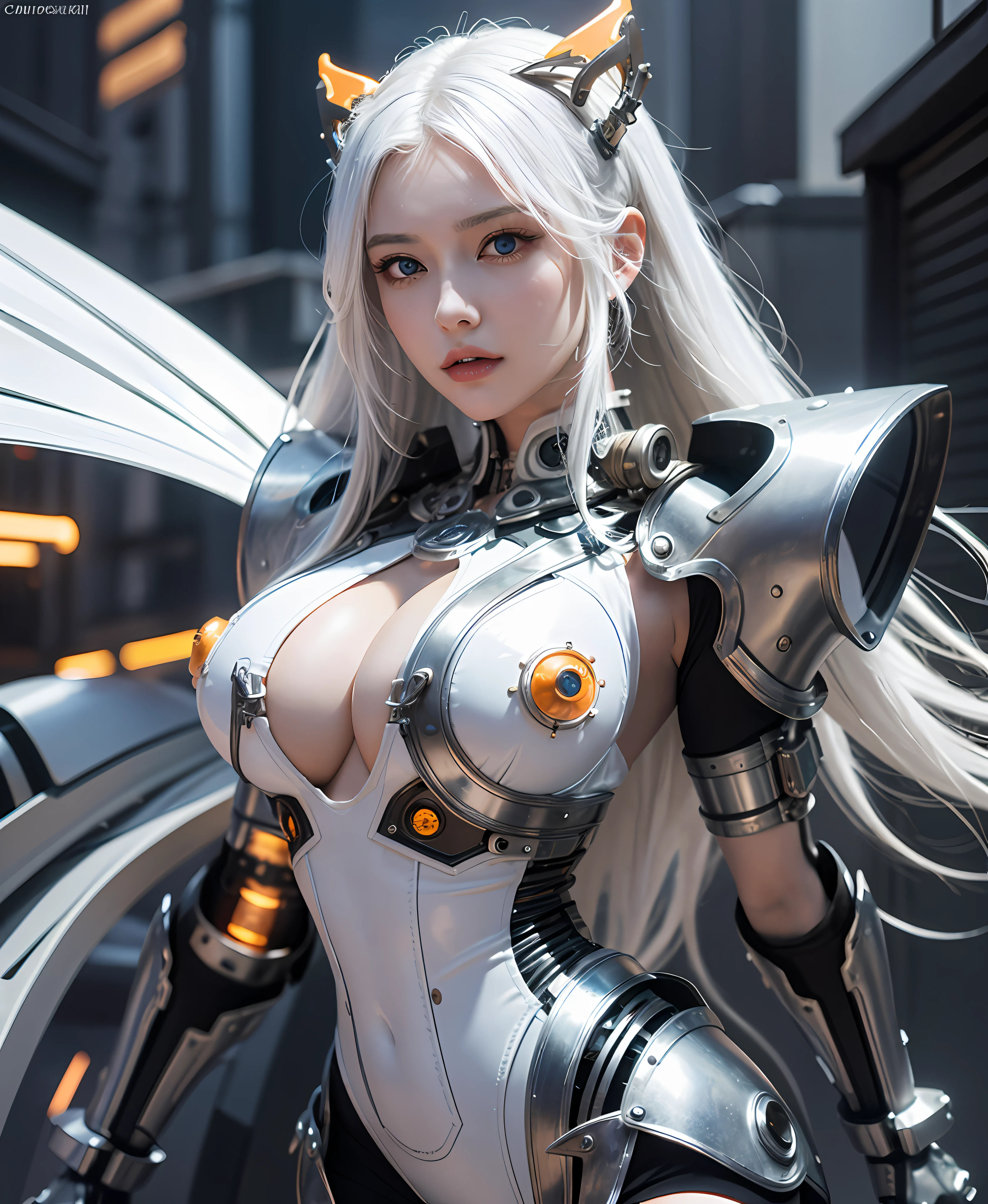 white hair、long fluttering hair、strong breeze、Orange Eyes、radiant eyes、Steampunk Girl、Colossal tits、The face and chest are alive、Cleavage is visible。photoRealstic、portfolio、White latex suit、White porcelain body、Evangelion-style metal mecha suit、Combat cyborg、Sumerian details、metalic、detailed mechanical components、Bundle of thin tubes、Metal cylinder、Detailed neon、Fine LED、Fine parts