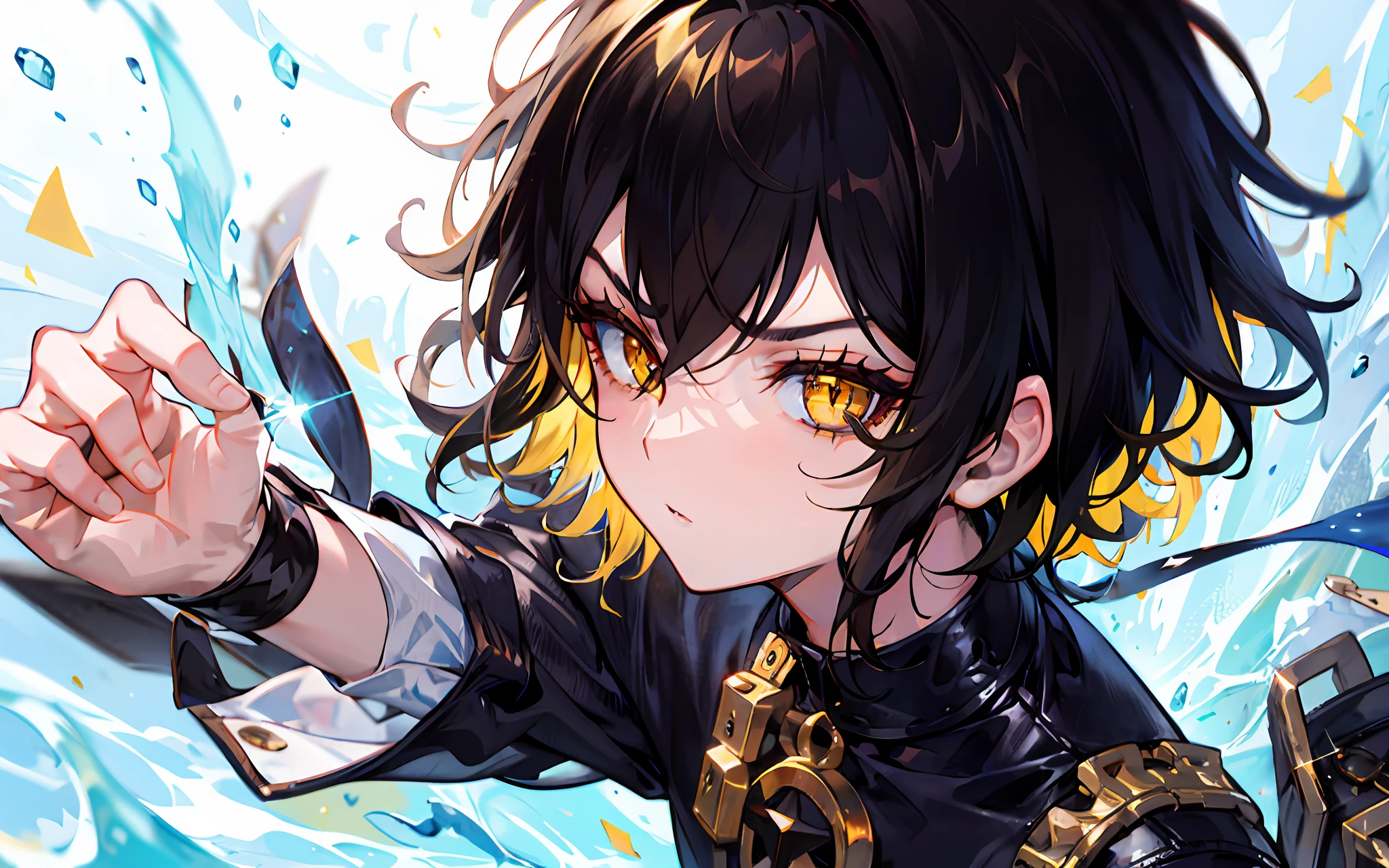 Brunette boy，short detailed hair，The expression is fierce，Yellow eyes，Sparkling golden eyes