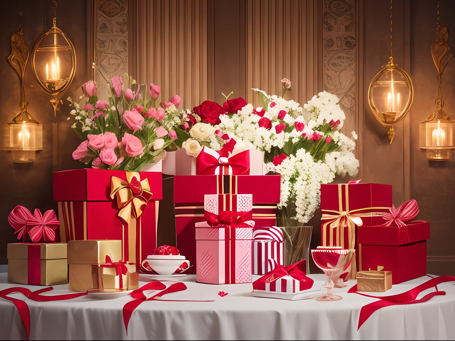 Valentine's Day poster，Gift box ribbon，romantic atmoshere，Real shooting，high-quality photo，Still life shooting，romantic atmoshere，poster for，E-commerce，8K high quality