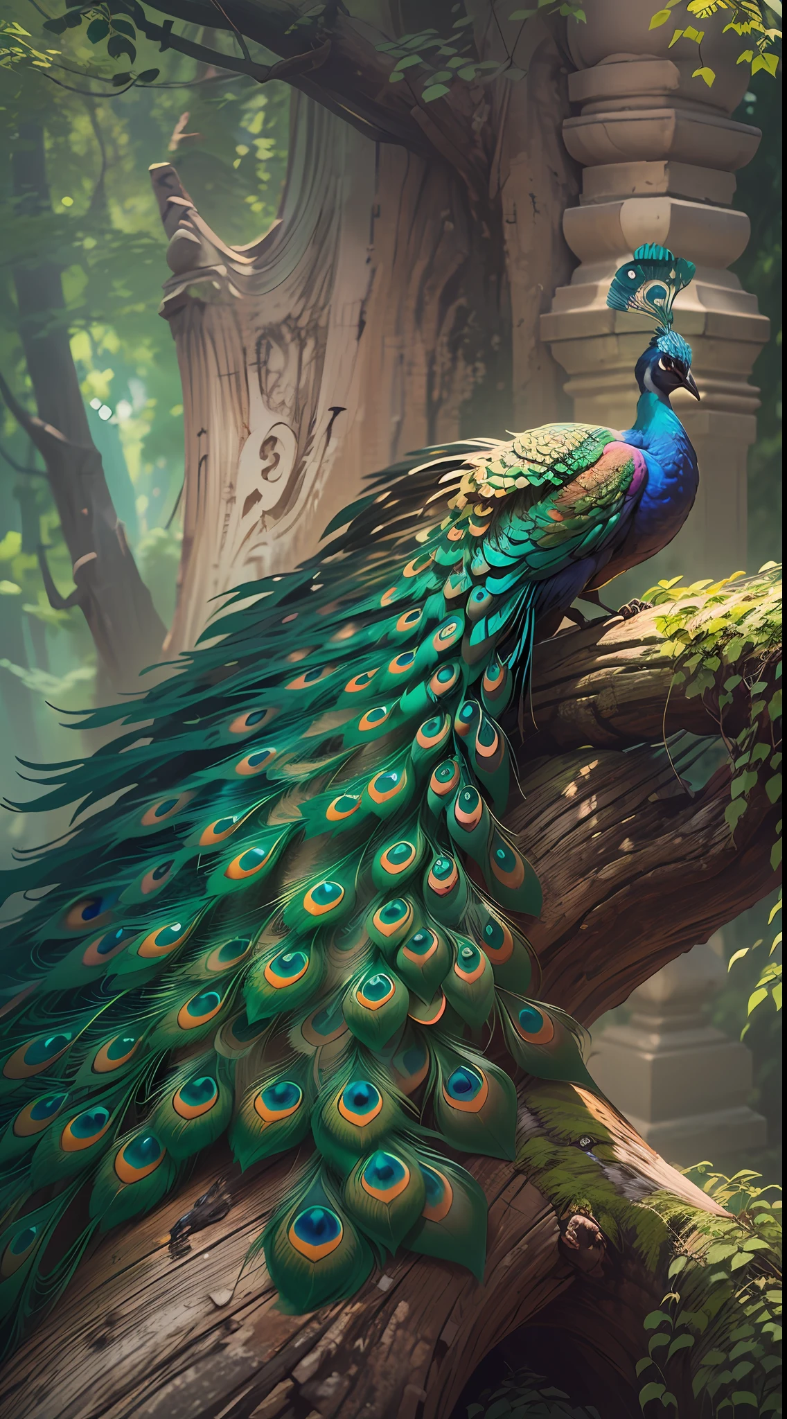 A colorful peacock,Colorful feathers,The feathers are brightly colored and layered,Standing on a branch。(The peacock opens the screen and faces squarely:1.3),(The peacock picture is centered),(Medium and close range),(Finely depicted head,leges,clawed paws:1.3),(Overall silhouette,)Ultra photo realsisim,super-fine,超高分辨率,8K,Premium wallpapers,Highest image quality,3D,C4D
