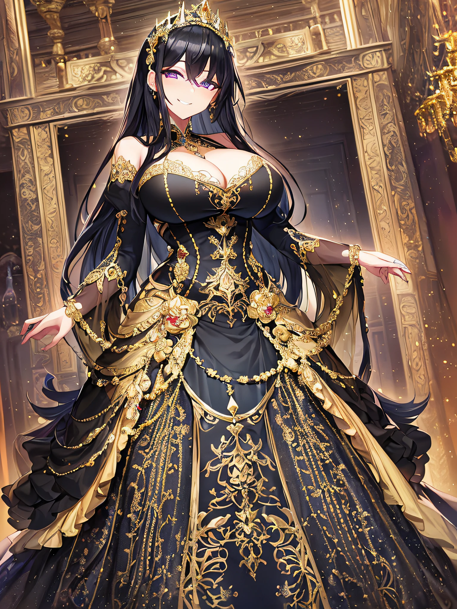 ((anime artstyle)),(Masterpiece),(Best Quality), (Super Detail),((Very Delicate and Beautiful)),Focus on character,Dynamic Angle,Looking at viewer,((Solo)),standing,((full body)),((one arrogant queen in gorgeous embroidery black and gold BlingBling ball gown with voluminous skirt)),((BlingBling)),((arrogant)),((haughty smile)),(Purple eyes),Sharp eyes,detailed face and eyes,jewel-like eyes,((Very Long voluminous black Hair)),Straight Hair,((Bangs between eyes)),(gorgeous embroidery and lace),gorgeous corsage,See-through,Gorgeous jewelry ornaments,BlingBling hair ornament,(BlingBling tiara with jewels),ornate ruffles,curvy,skindentation,((gigantic breasts,Long breasts)),((full body)),(hoop skirt,crinoline),(((gorgeous embroidery and jeweled black and gold BlingBling ball gown with voluminous skirt)))