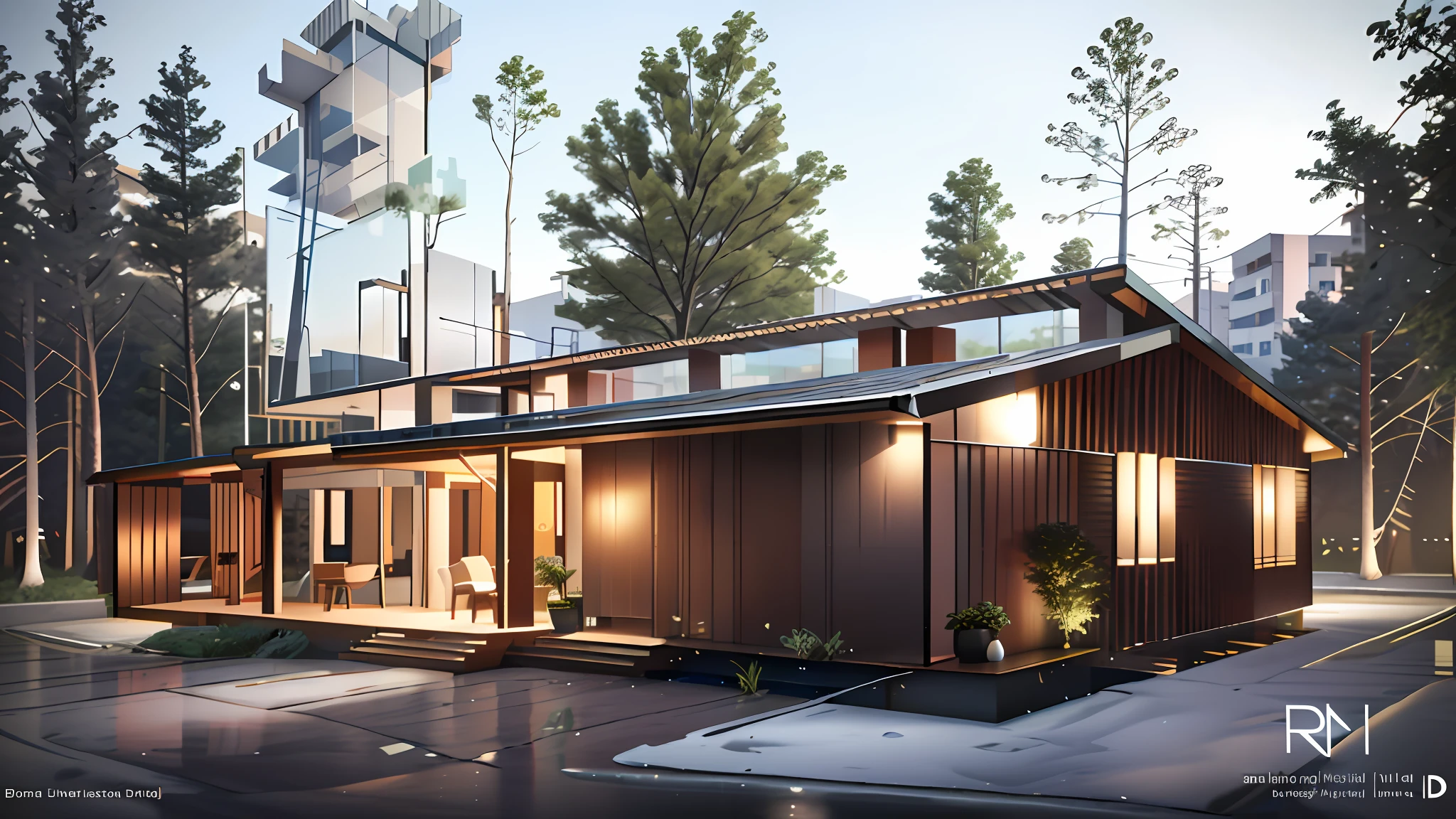 Renderings of a small house with porch and covered porch, lumion render, architectural render, architectural 3 d render, modern house in the wood, building rendering, highly rendered!!, highly photographic render,, Render in Vray, Rendered in Lumion Pro, minimalistic house in the wood, archviz，