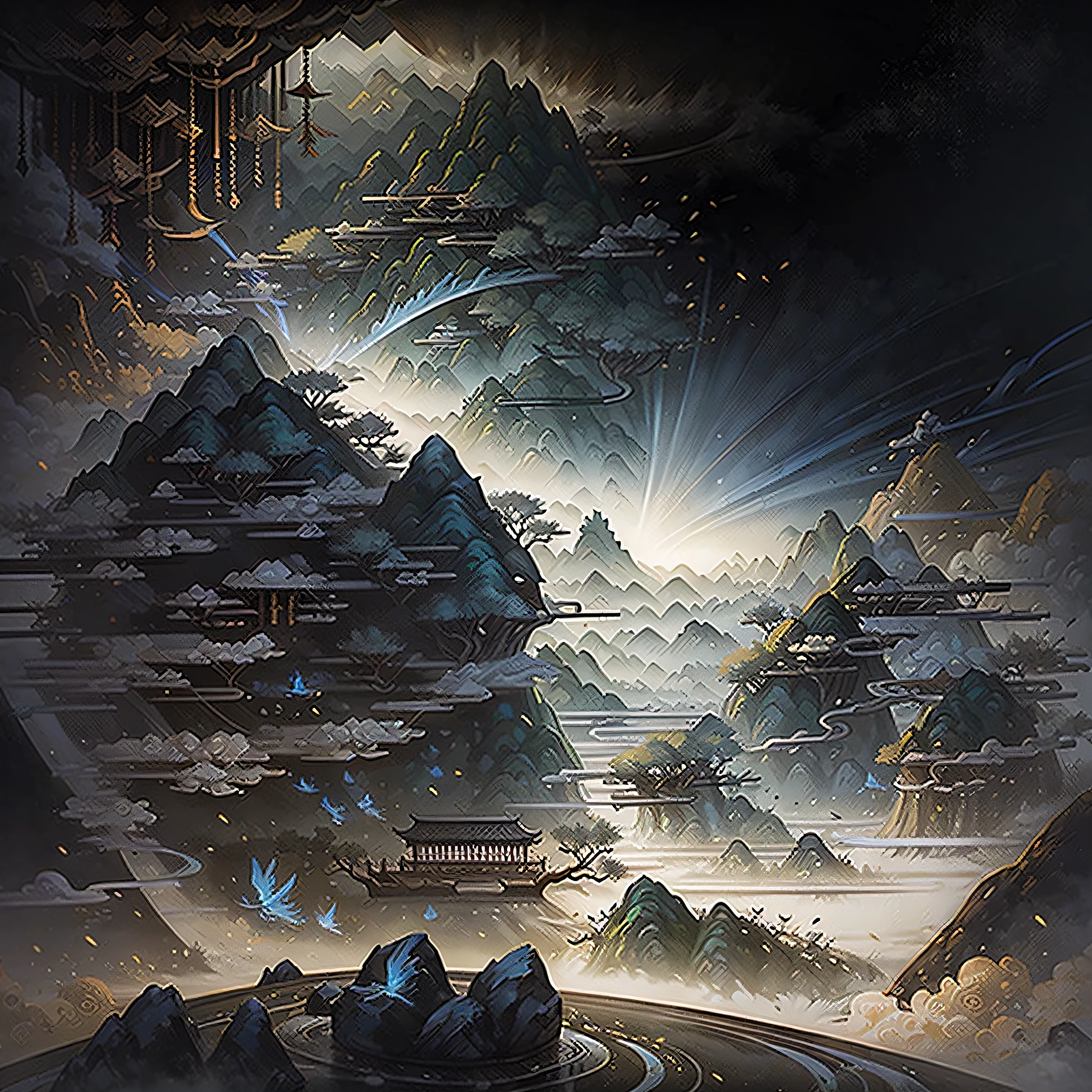 Ancient Chinese landscapes, mountain ranges, rios, Auspicious clouds, rays of sunshine, tmasterpiece, super detailing, Epic composition, hyper HD --auto