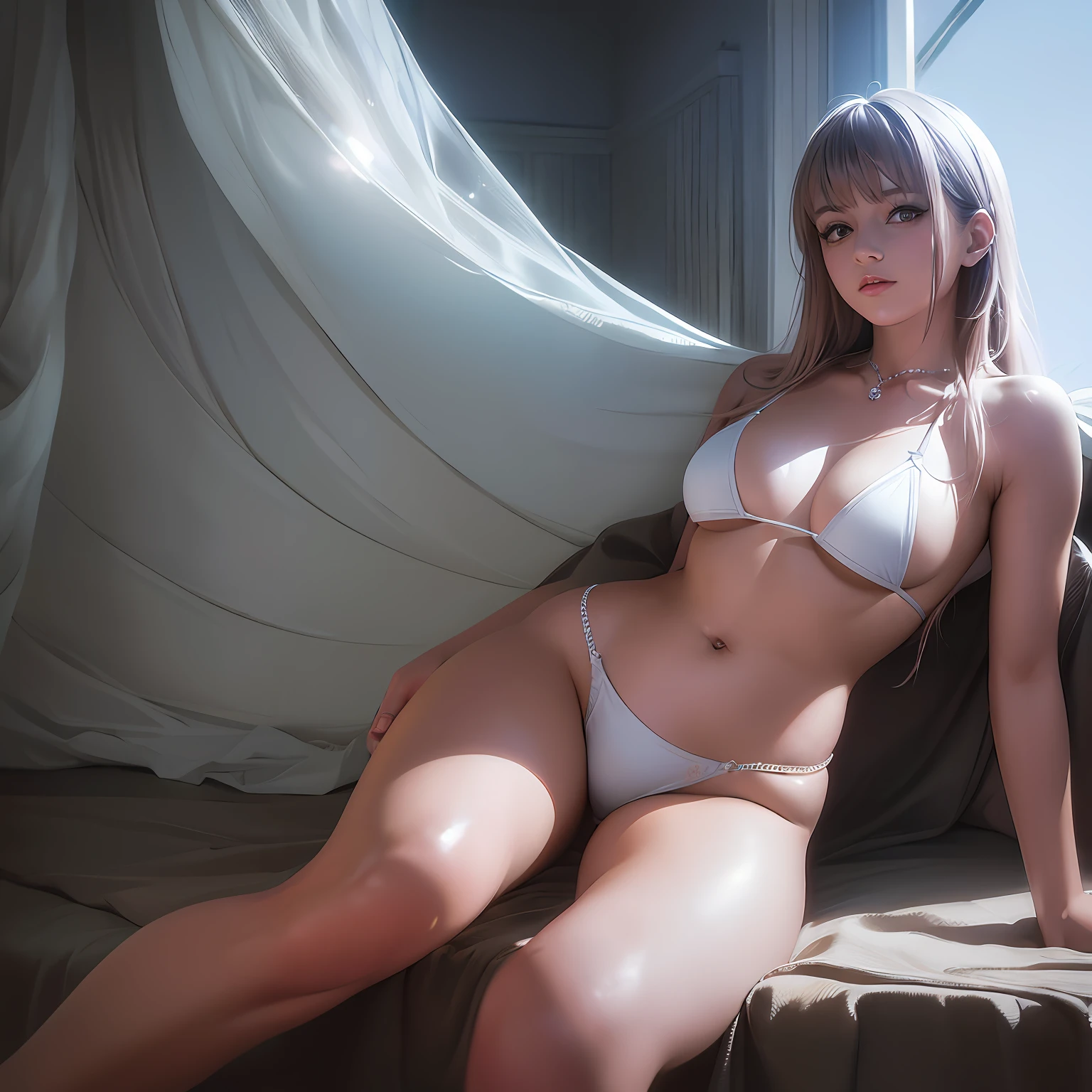 (Raw photo, Best Quality), (Realistic Beautiful Girl, Photorealsitic:1.3),Best Quality,Highly detailed,masutepiece,Ultra-detailed,1girl in,,Dynamic Angle,long eyelashes、Best Quality,the Extremely Detailed CG Unity 8K Wallpapers,inky,amazing,Cinematic lighting,lens_f lare, Alone、White Bikini、Crystal clear bikini、de pele branca、Sheer skin、Female, 20 years old、s girl、MCharacter opening leg、Full body like --auto