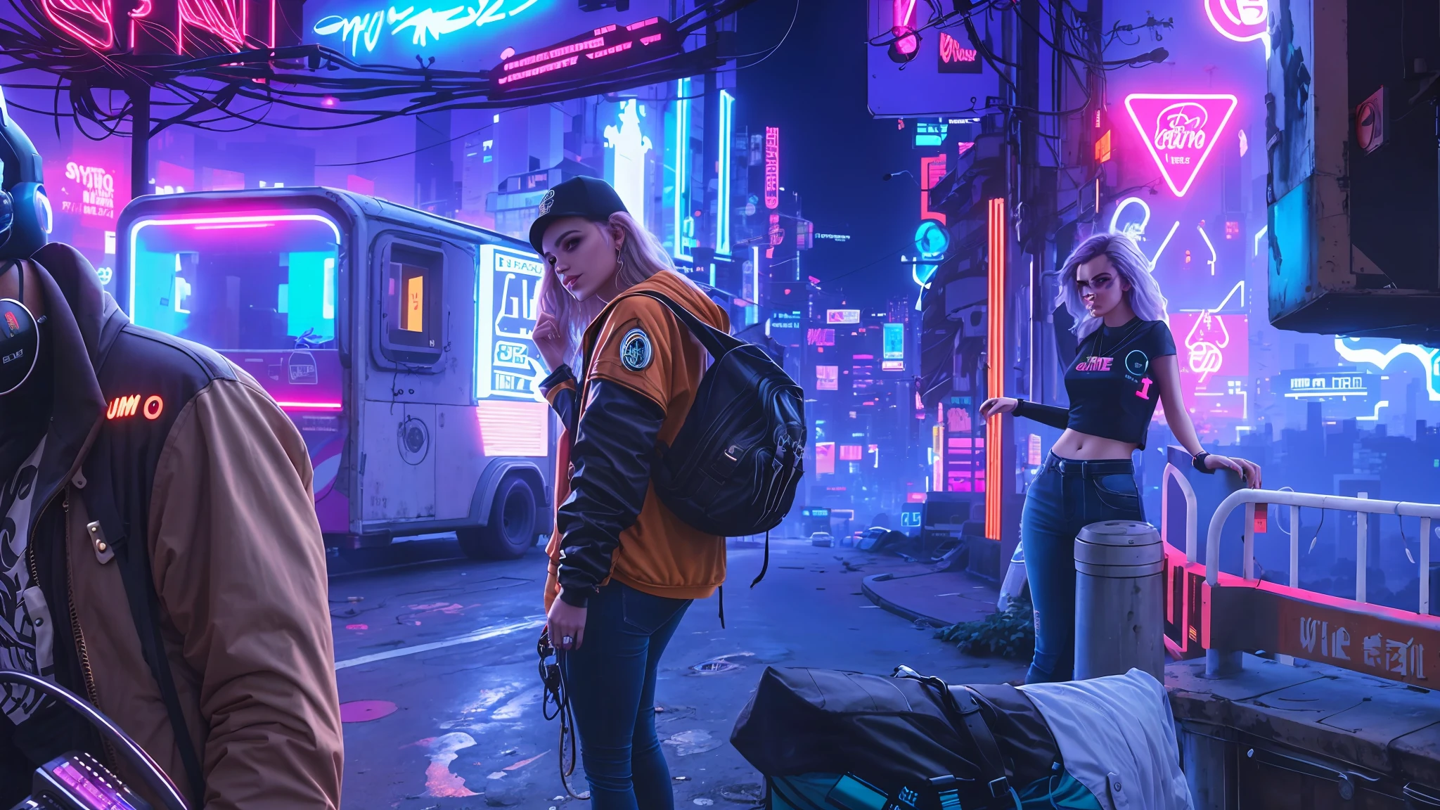 Uma garota no meio de uma cidade cyberpunk, synthwave style
