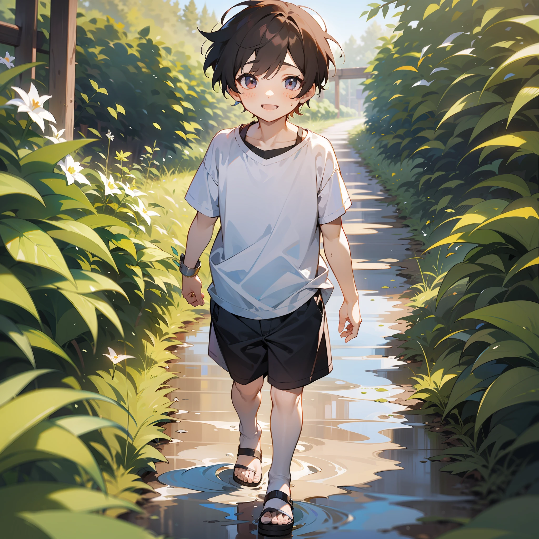 An 8-year-old boy is lying on the grass，Shota，slightly fat big breasts，White top，blue short pants，Messy bangs，Shota，Barefoot，sludgy，Dirty。and the sun was shining brightly，quadratic element，A high resolution，Best Masterpiece，Be red in the face，rustic，mid day