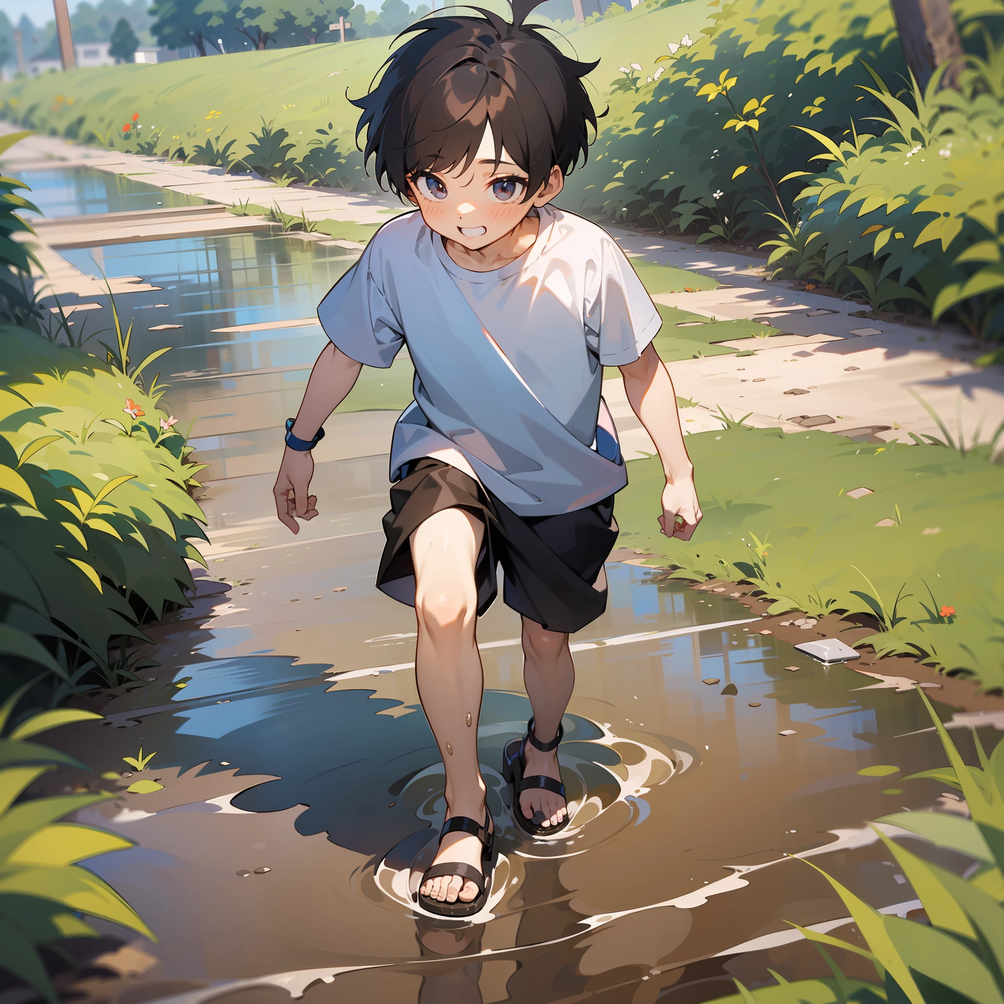 An 8-year-old boy is lying on the grass，Shota，slightly fat big breasts，White top，blue short pants，Messy bangs，Shota，Barefoot，sludgy，Dirty。and the sun was shining brightly，quadratic element，A high resolution，Best Masterpiece，Be red in the face，rustic，mid day