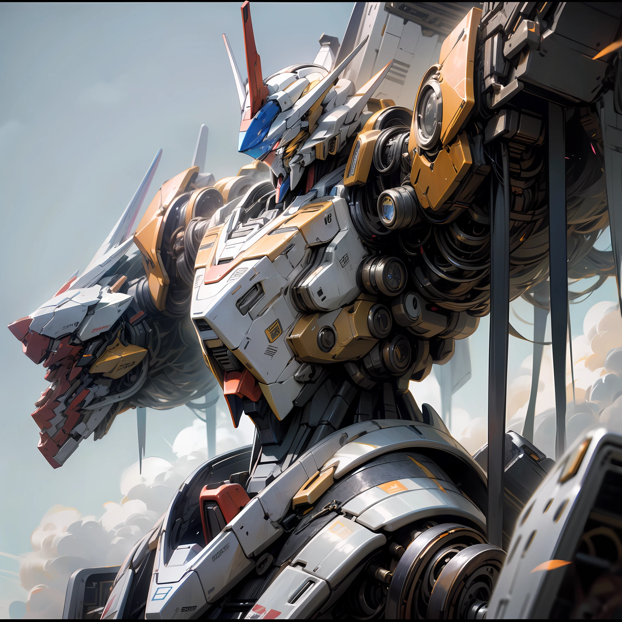 ((Masterpiece, better quality)), illustration, ultra-detailed 8k, realistic, sharp focus, very detailed, professional lighting, colorful details, white background panel blue sky and white clouds, large mechanical robot structure, Gundam, glossy, intricate ... --auto