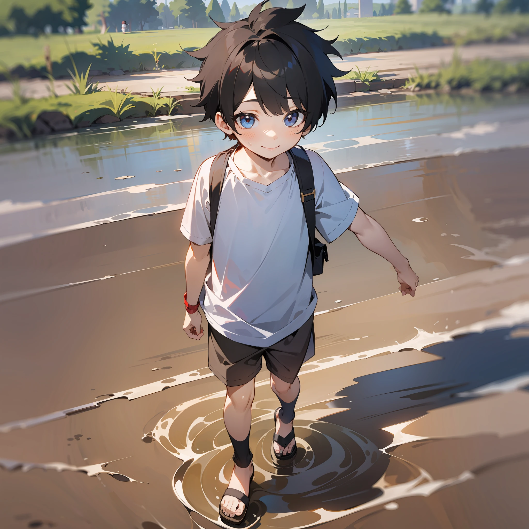 A 6--old  walks in the mud，Shota，White top，Messy bangs，Shota，sandals，sludgy，Dirty，footprints。and the sun was shining brightly，quadratic element，A high resolution，Best Masterpiece，ssmile，Be red in the face