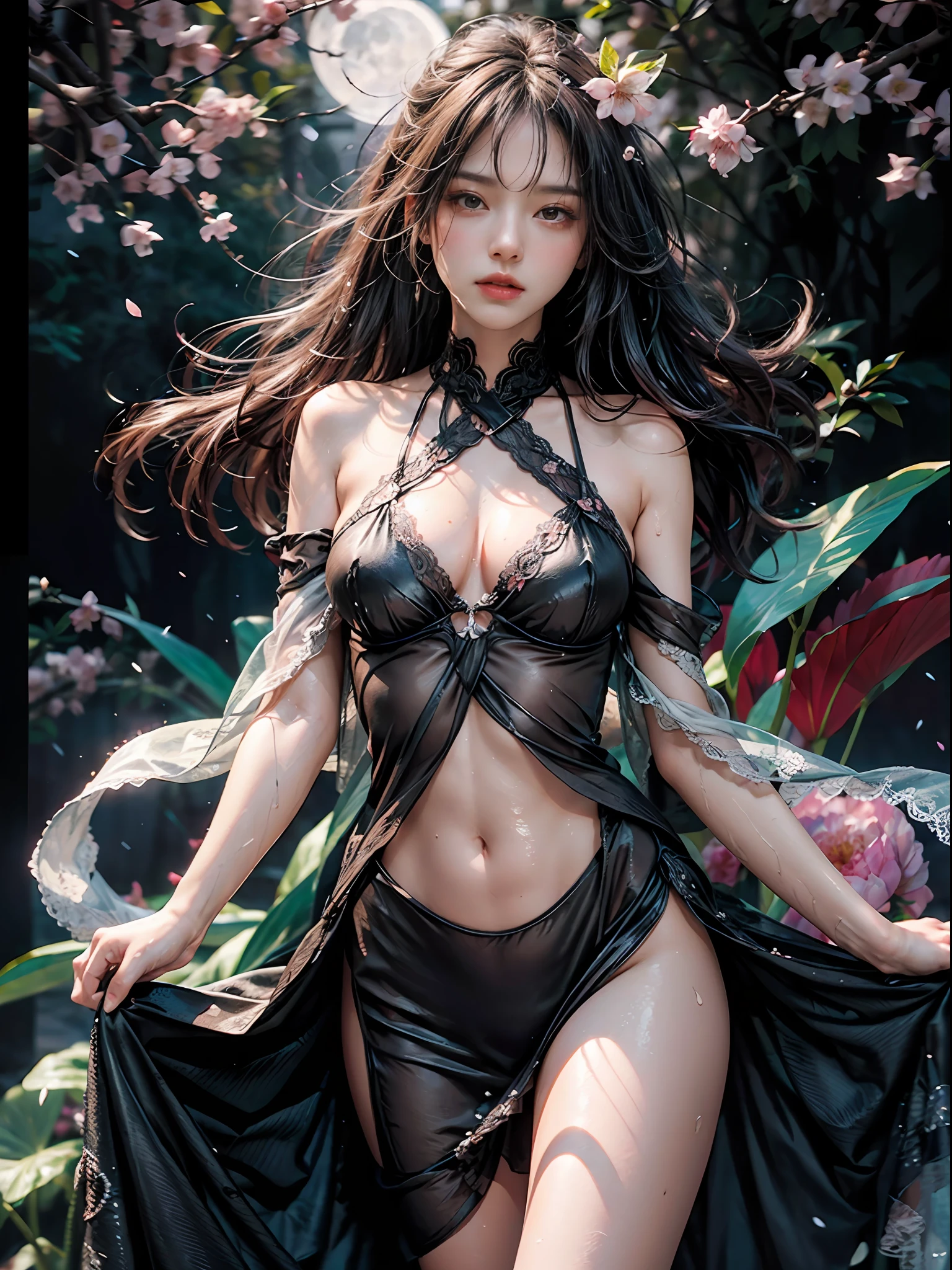 loose outfit、Show shoulders、See-through dresses in dark colors、How to wear a black gown、Decorated with intricate patterns and bright colors、Transparent material that makes the skin shine、Artistic depiction of seductive woman in gown with wet thin cloth and transparent skin, Floral and fantastic pattern with flowing silky traditional see-through skin。Her dress draped elegantly around her curvaceous figure、Emphasizes her charming silhouette。She's a gentle fireworks night、Dynamic Posing、Sexy Posing、bathed in the soft glow of moonlight。The scene is、With a hint of mystery and sensuality、It exudes an ethereal dreamy atmosphere。The image style is、Incorporates a blend of watercolor and digital illustration techniques.、It makes you feel delicate beauty and charm。Soft moonlit lighting、Cast gentle highlights and shadows on her mesmerizing features。Dynamic Posing、Bold poses、The hand is somewhere、see -through、show through、A sexy、Wet hair、Wet、（cherry trees、flower petals、cherryblossom、The cherry tree、Sakura Snowstorm 1.5）、buried、Transparent skin、Wet clothes、（Chest 1.2）、Navel Ejection、Swaying in the wind、Burgundy、pale red、（Slouch 1.5）、Lace colors、