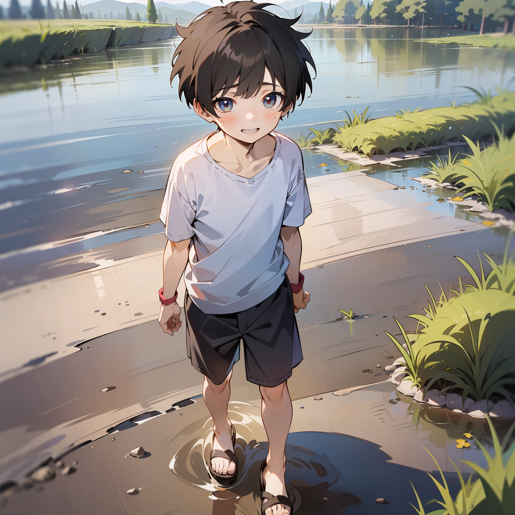 A 6--old walks in the mud,Shota,White top,Messy bangs,Shota,sandals,sludgy,Dirty,footprints。and the sun was shining brightly,quadratic element,A high resolution,Best Masterpiece,ssmile,Be red in the face