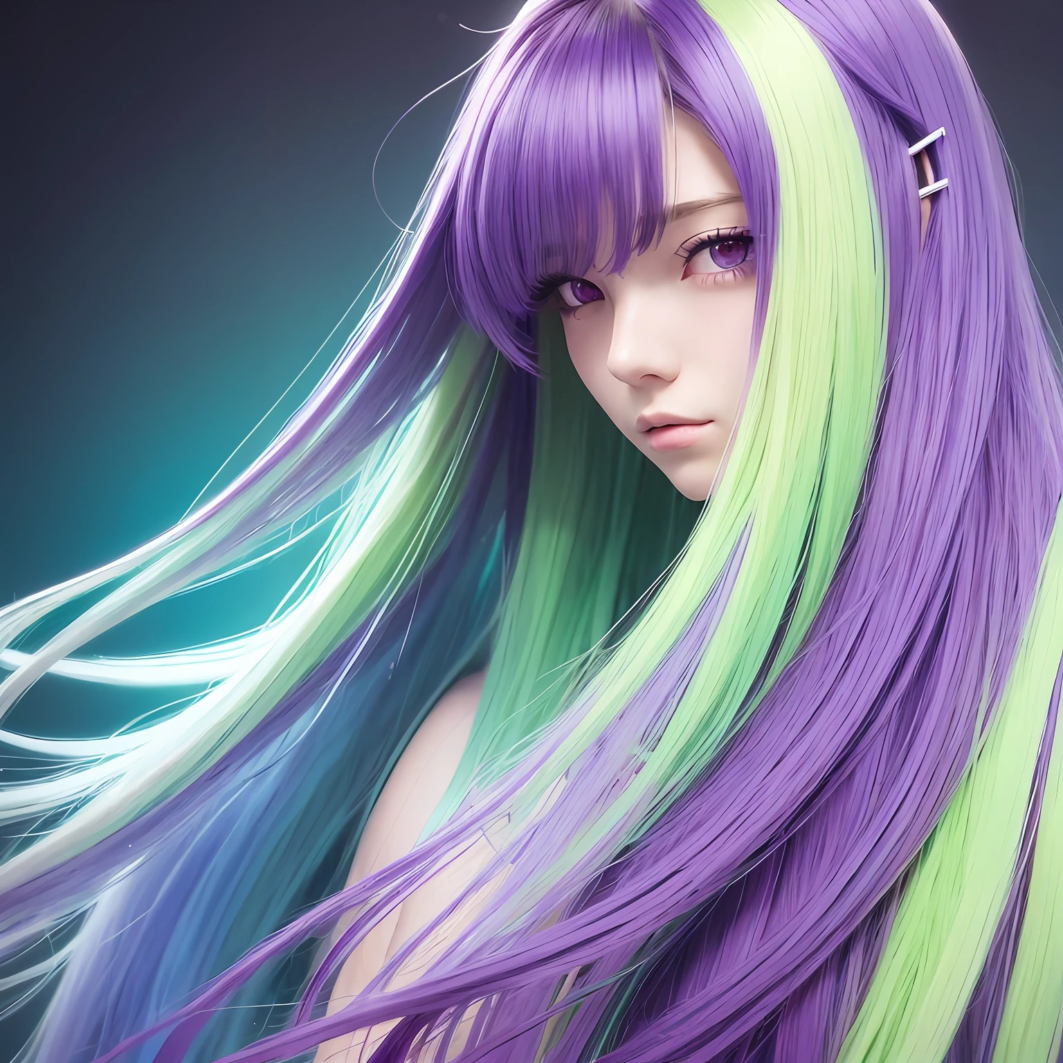 Girl with long hair,hair straight, an anime drawing, ,no shade, Purple colored hair,Green hair ends,The eyes are covered by hexagons ,Three nil
