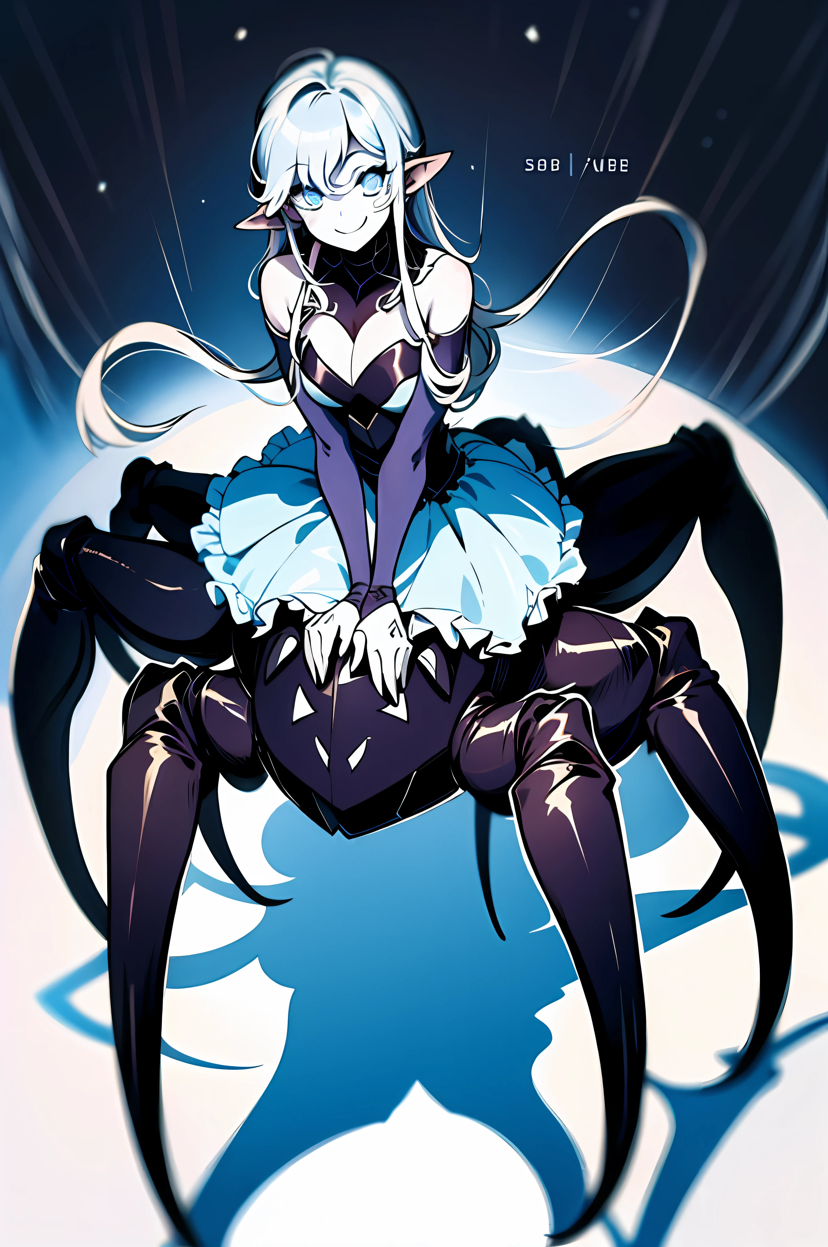 1girll,There is charm in the smile,The eyes are blue,Light and shadow interlace,Half spider, half human,Lots of details。