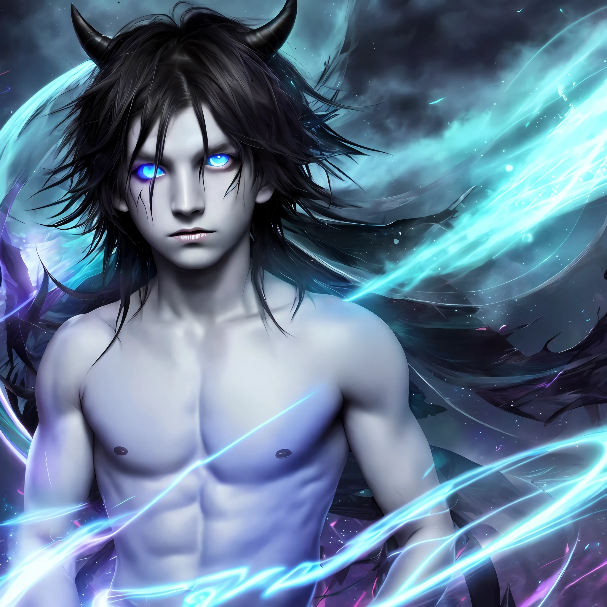 1boy, black messy Layered hair, black horns, multicolored eyes, glowing, blue eye, purple eye, bare shoulders, demon eyes, magic circle, light particles, light rays, wallpaper, upper body, quality HD
