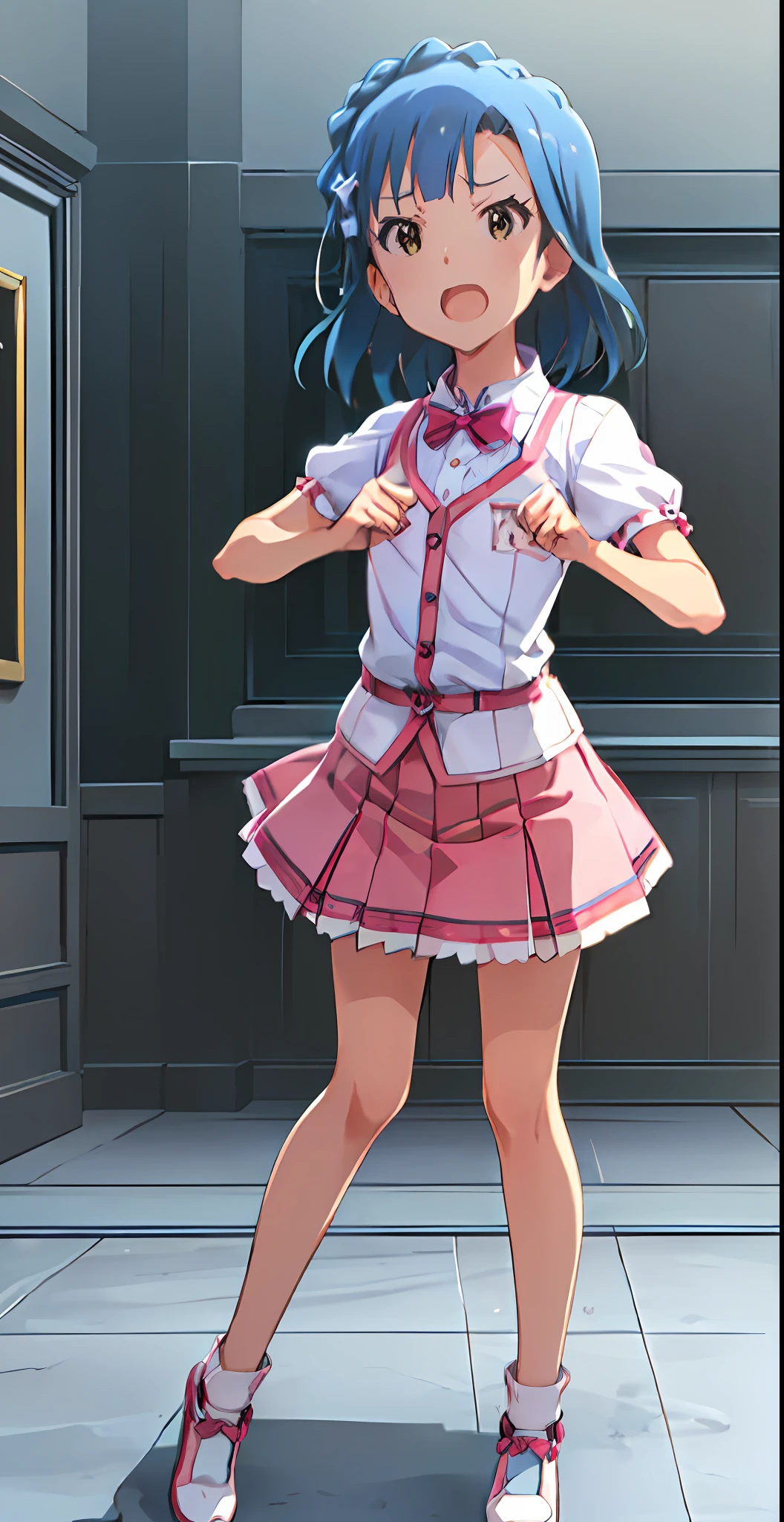 yuriko nanao (million live). Short stature. white t-shirts. suspenders.Skirt.(((masterpiece))).(((best quality))).((Ultra-detailed))).(((illustratio))). (((fighting stance))).(((a room))).(((make a fist))).(((up chest))).Despair face.((short-hair)).((Medium chest)).((Opening Mouth)).