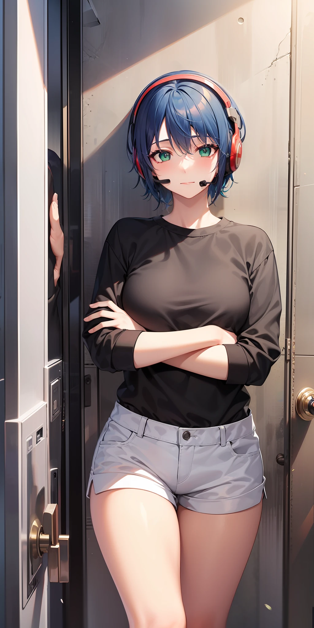 Short blue hair,Red headset,Black shirt,White tie,White shorts,Red shoes,urban backdrop,Green eyes,At the door of the building,holding cell phone,s girl,16 yaers old