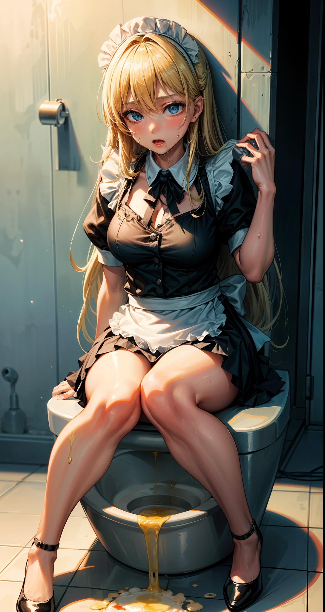 Pee all over the body、Urine、the whole body is wet、1girl in, Toilet room, Sweep the urinal, kneeking, sponge, raunchy, pee, rubbish,, masterpiece, top-quality, ighly detailed、maid clothes、a blond、White liquid all over the body、Yogurt all over the body、blue eyess