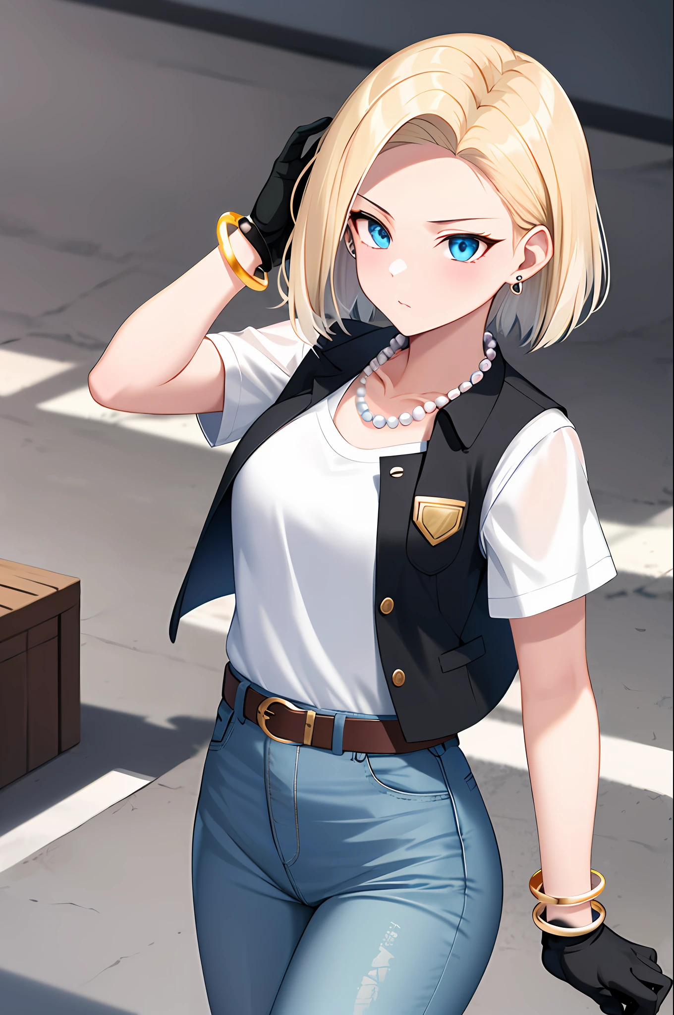 best quality, highres, and18, 1girl, android 18, solo, blonde hair, blue eyes, belt, jeans, pearl_necklace, bracelet, black gloves, white shirt, short hair, short sleeves, earrings, blue pants, open vest, black vest, medium breasts, cowboy shot, street, straight-on,