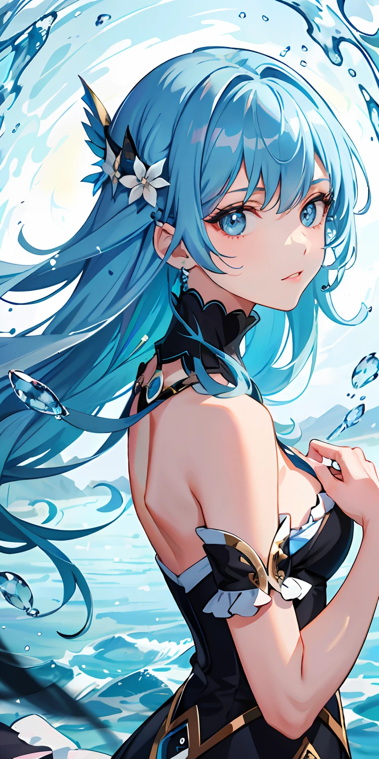 (masterpiece)、(top-quality)、(ultra-detailliert)、(dishevled hair)、(illustratio)、(1girl in)、(Fashionable clothes)、is standing、Fashion Model、Look back、(interview)、(Brief background)、Beautiful detailed eyes、Delicate beautiful face、floating、(High color saturation)、(colorful water splash)、colorful bubble、(shine)、Focus on Face、Light hair color、Light blue hair color