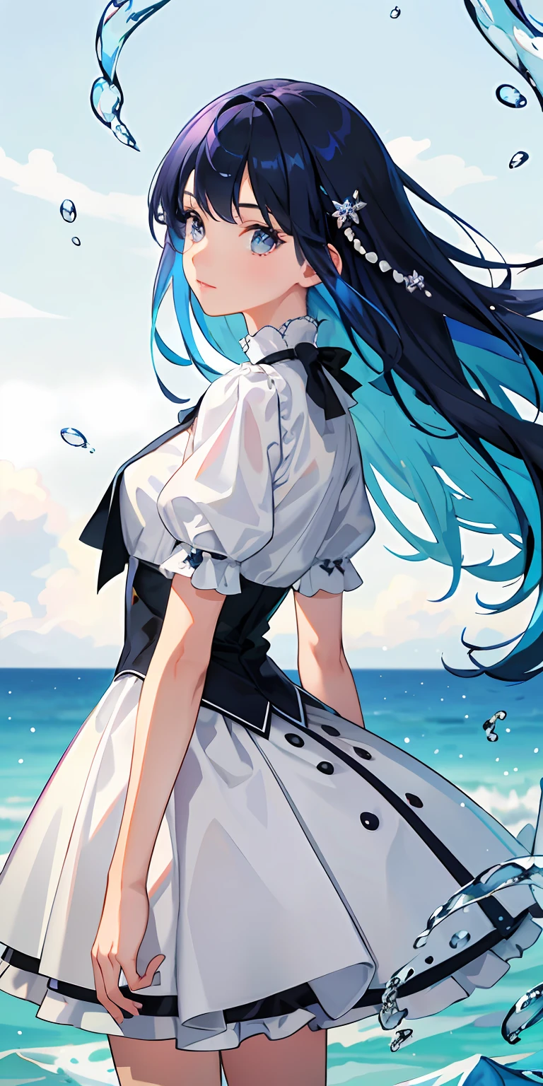 (masterpiece)、(top-quality)、(ultra-detailliert)、(dishevled hair)、(illustratio)、(1girl in)、(Fashionable clothes)、is standing、Fashion Model、Look back、(interview)、(Brief background)、Beautiful detailed eyes、Delicate beautiful face、floating、(High color saturation)、(colorful water splash)、colorful bubble、(shine)、Focus on Face、Light hair color、Light blue hair color