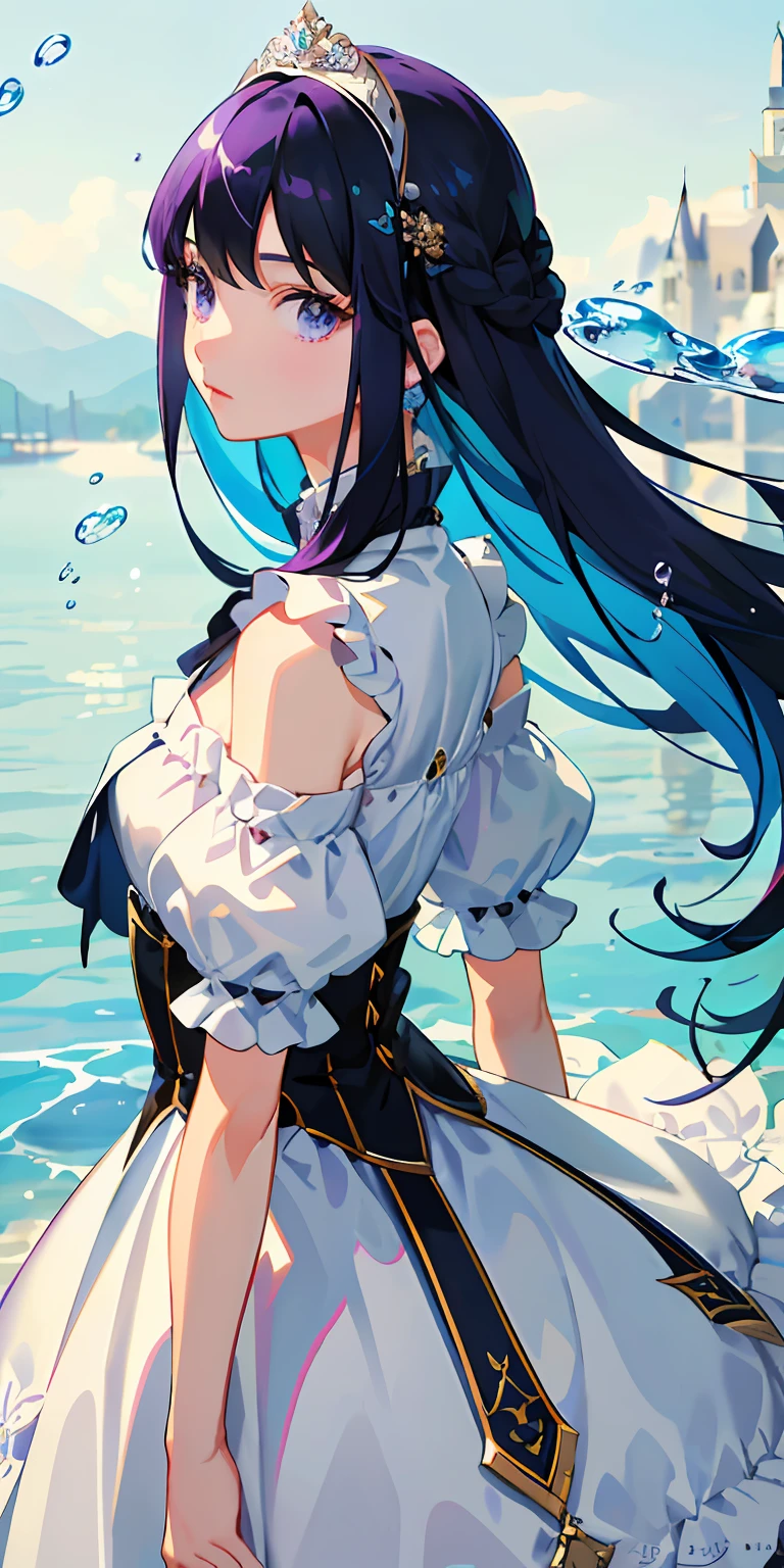 (​masterpiece)、(top-quality)、(ultra-detailliert)、(dishevled hair)、(illustratio)、(1girl in)、(Fashionable clothes)、is standing、Fashion Model、Look back、(interview)、(Brief background)、Beautiful detailed eyes、Delicate beautiful face、floating、(High color saturation)、(colorful water splash)、colorful bubble、(shine)、Focus on Face、purple color  hair