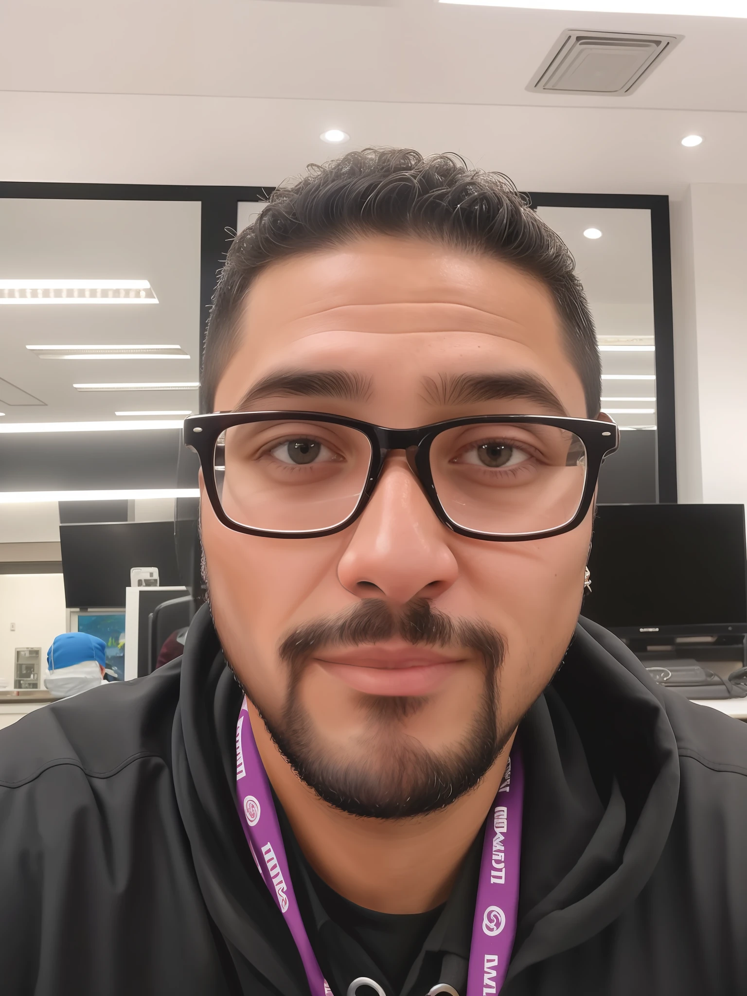 There's a man with glasses and a purple cord around his neck, david rios ferreira, Carmelo Blandino, andres rios, staring directly at camera, José Moncada, luiz escanuela, Fotografia selfie 8k, Dan dos Santos, caio santos, Eloy Morales, with glasses and goatee, icaro carvalho, Joel Torres, edu souza