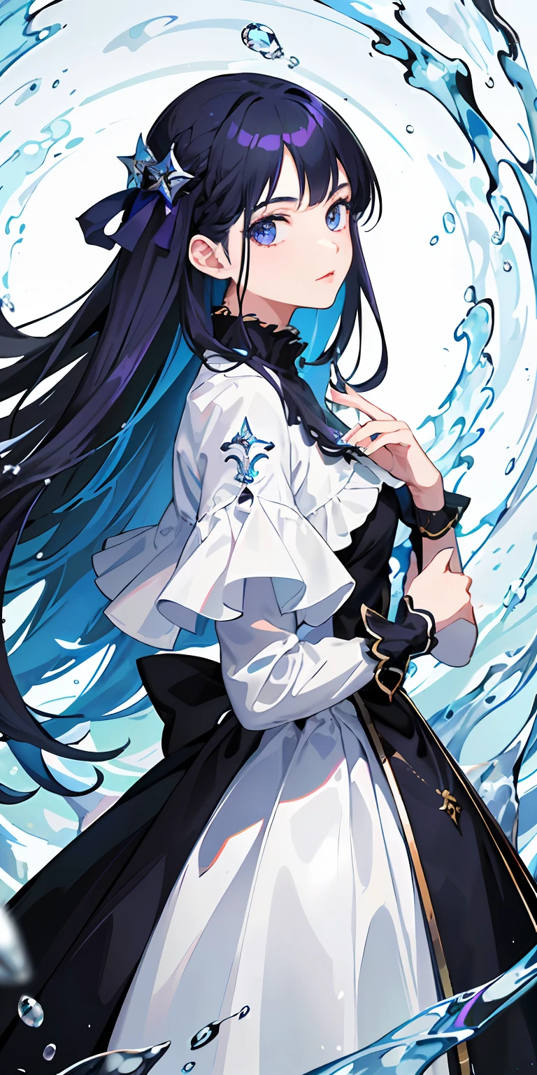 (masterpiece)、(top-quality)、(ultra-detailliert)、(dishevled hair)、(illustratio)、(1girl in)、(Fashionable clothes)、is standing、Fashion Model、Look back、(interview)、(Brief background)、Beautiful detailed eyes、Delicate beautiful face、floating、(High color saturation)、(colorful water splash)、colorful bubble、(shine)、Focus on Face、purple color hair