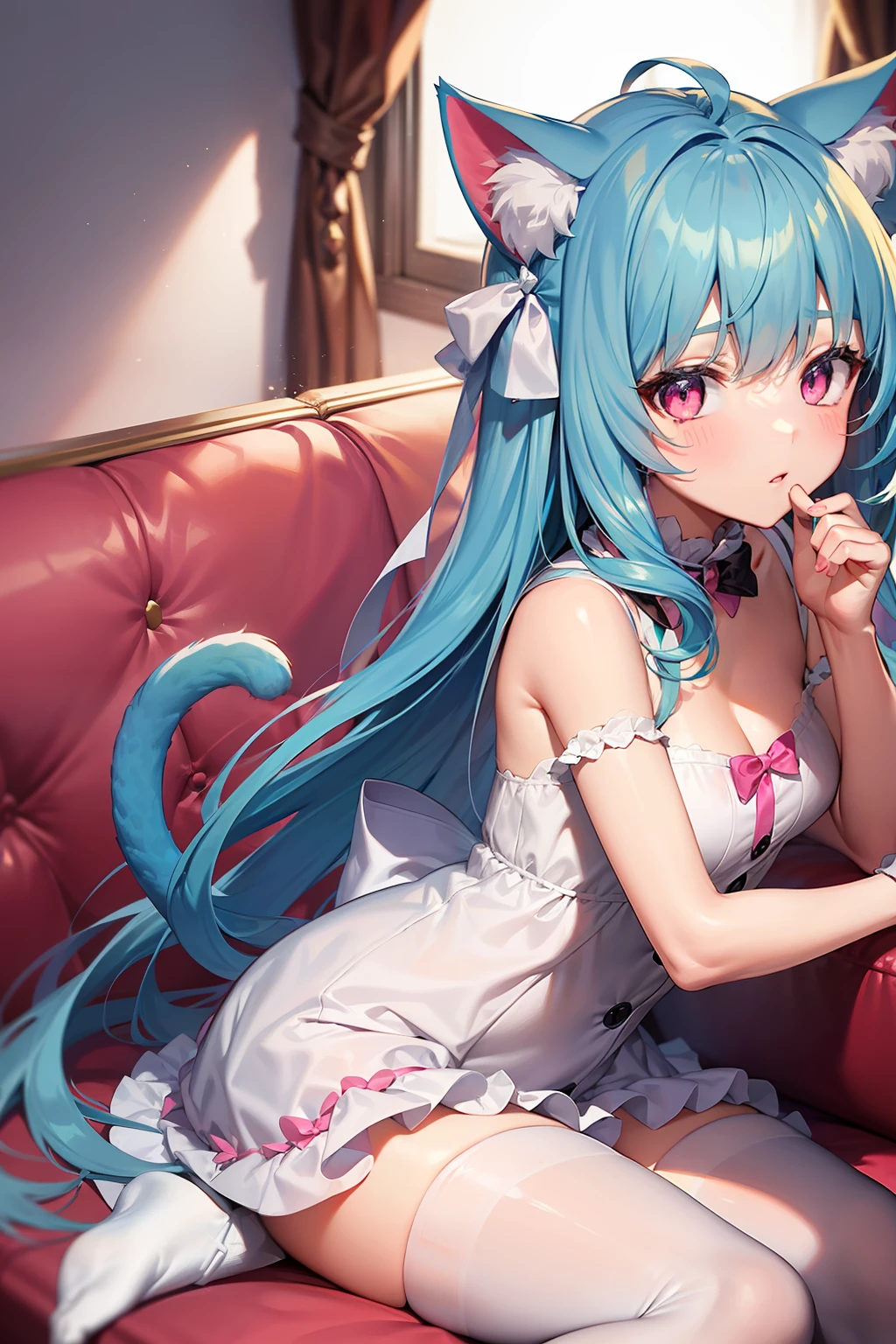 lightblue hair，Cat ears，Pink eyes，Light blue Lolita，White  socks，pink bows，inside in room，sitting in the couch，liveroom