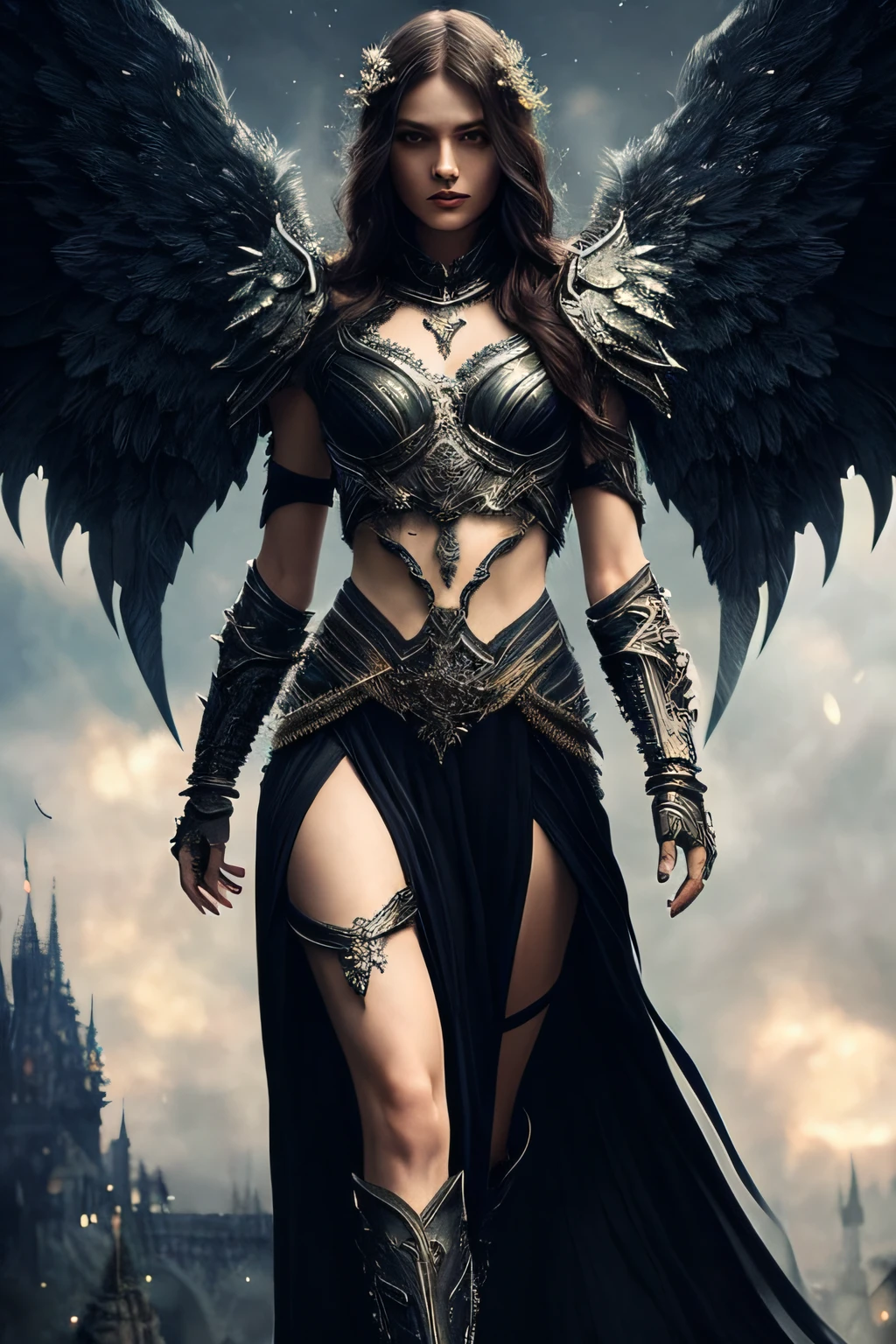 full body:1.6, walking pose, slow motion, (rogue thief:1.2) woman, multi-layered stitched,(white silk cloak), (intricately patterned cloth:1.2), (insanely detailed, flowering:1.5), (top quality, Alessandro Casagrande,
Greg Rutkowski, Sally Mann, concept art, 4k), (analog:1.2), (high sharpness), (detailed pupils:1.1), (painting:1.1), (digital painting:1.1), detailed face, eyes and body, masterpiece, best quality, (highly detailed photo:1.1), 8k, photorealistic, (long curvy hair, ecstasy:1.1), (young woman:1.1), by jeremy mann, by sandra chevrier, by maciej kuciara, sharp, (perfect body:1.1), realistic, real shadow, 3d, (europe castle background:1.2), (by Michelangelo), angel of death, innocent,  eyes, diadem, angel wings, black clothes, full body, arms behind back, sky, halo, post-apocalypse, detailed armor