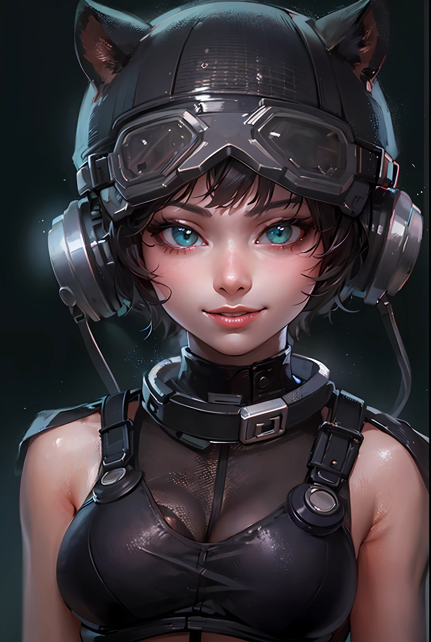 1girl, portrait of beautiful ctwmn, smile, black bodysuit, green eyes, short hair, choker, athletic, cleavage, black headwear, fake animal ears, goggles on head, volumetric lighting, best quality, masterpiece, intricate details, tonemapping, sharp focus, hyper detailed, trending on Artstation, realistic,