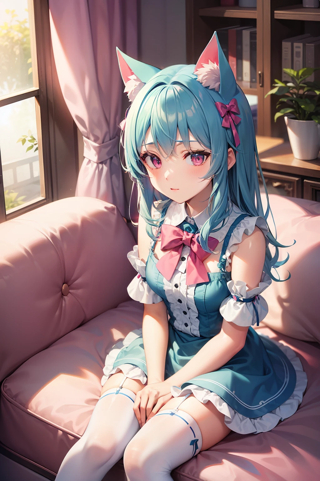 lightblue hair，Cat ears，Pink eyes，Light blue Lolita，White  socks，pink bows，inside in room，sitting in the couch，liveroom