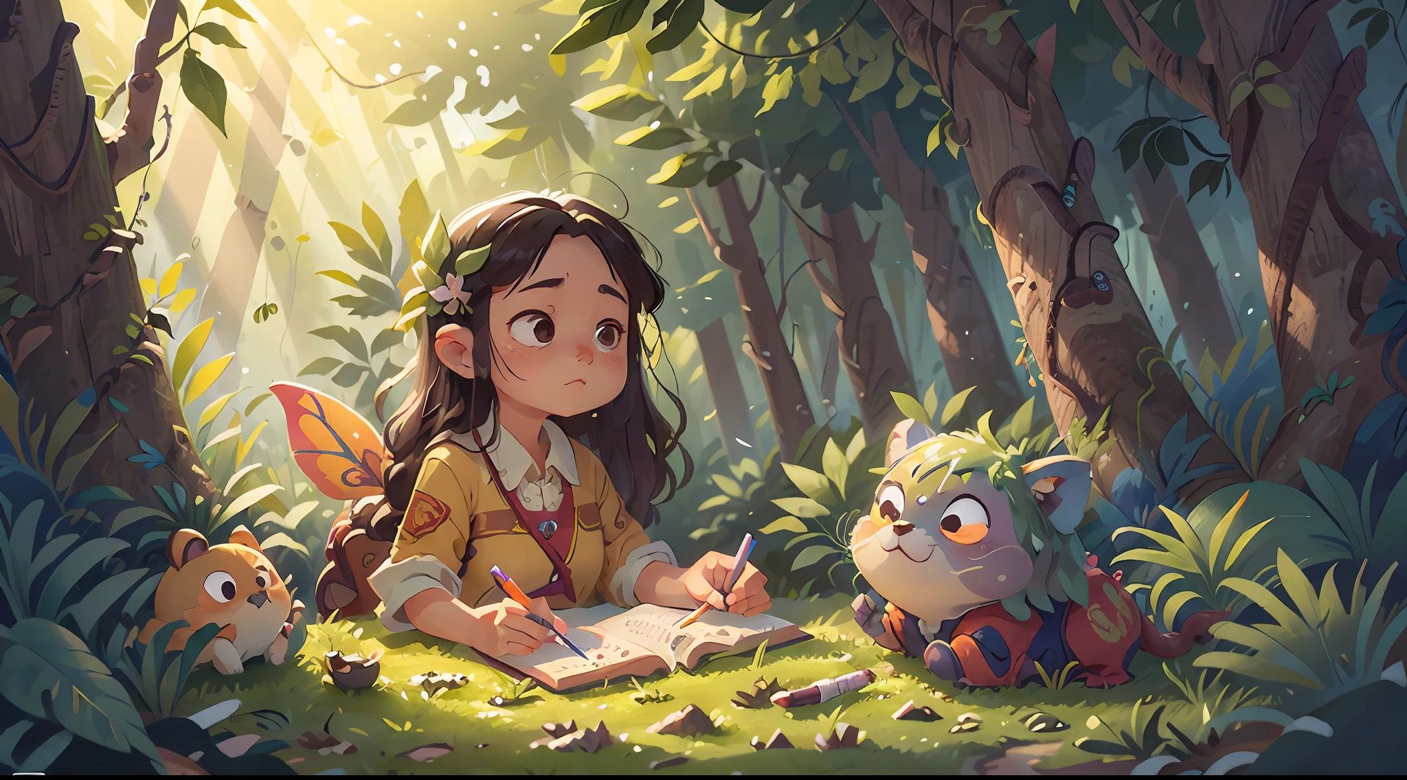 Divine Pen Ma Liang,In the jungle after rain,The sun shone in intermittently,(tmasterpiece),Extremely detailed picture details,ultra HD picture quality,(8k wallpaper),(CG),(Fairy tale style), Inspired by:《Divine Pen Ma Liang》