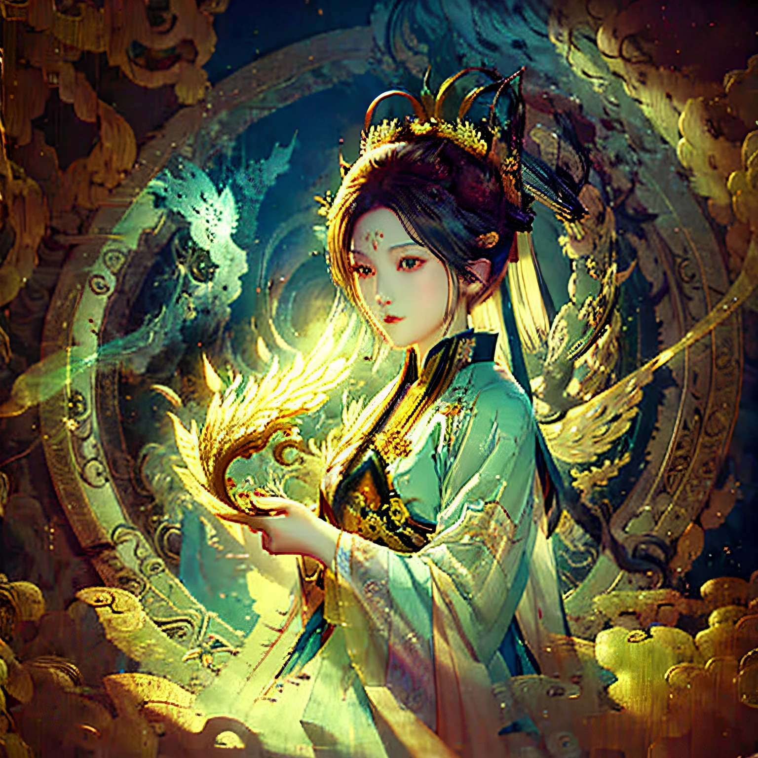 Rubbings wearing Chinese Hanfu, twitter icon [pixiv art] [watercolor] [full body] [super fine flowers and feathers] [epic, matte, highly detailed, great wisdom, emptiness, silence, universe, spiritual, oriental fantasy, multiverse, baroque, victorian, epic composition, ornament] [crystal, clarity, denoising, highly detailed, beautiful lighting, movie lighting] [final fantasy, league of legends, sekiro] [popular on art tables, anime] [Krenz Cushart, Huang The art of Guangjian, Beicao, and Alphonse Mucha] --auto