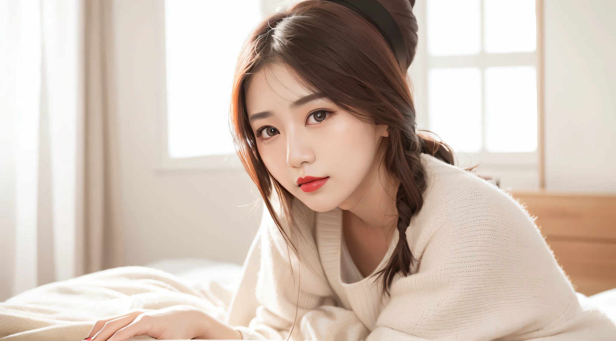 There is a woman sitting on the bed having，Wear red lipstick, young lovely Korean faces, Gorgeous young Korean woman, Beautiful young Korean woman, young cute wan asian face, beautiful Korean women, Korean girl, a cute young woman, sakimichan, with cute - fine - face, wan adorable korean face, Choi Hyun-hwa, cute korean actress