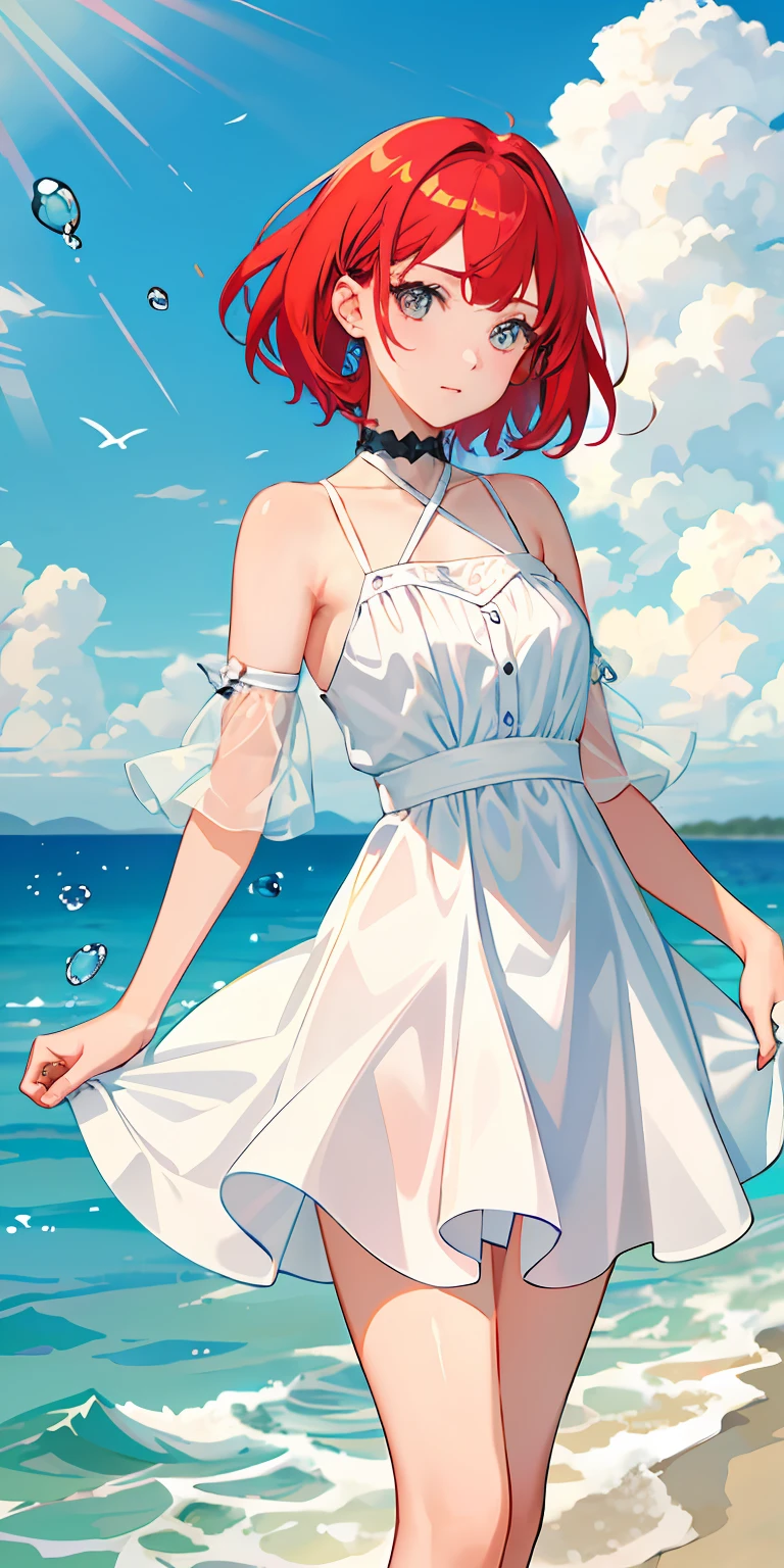 (masterpiece)、(top-quality)、(ultra-detailliert)、(dishevled hair)、(short-cut)(Red hair)(illustratio)、(1girl in)、(Fashionable clothes)、(swim wears)、(Body)、is standing、Fashion Model、Tilting head.、(interview)、(Brief background)、beautiful and delicate eyes、Delicate beautiful face、floating、(High color saturation)、(colorful water splash)、colorful bubble、(shine)、Focus on Face、Hands fold behind your back、