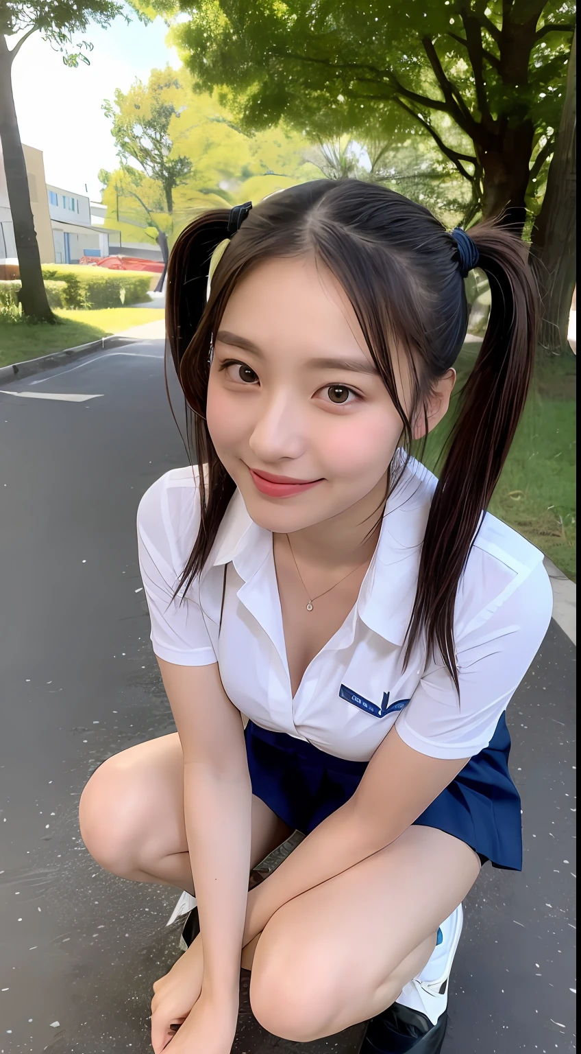 ((Top Quality, 8K, Masterpiece: 1.3)), 1 person, slender and tight abs, beautiful naked Japan schoolgirl: 1.3, full body type, Japan uniform, full open shirt, shirt on skin, dark blue pleats, super miniskirt, panties show, (smooth pigtails long hair, light brown hair, big,), no bra, see-through, super delicate face, delicate eyes, double eyelids, smile, at school, sit, squatting, white socks,