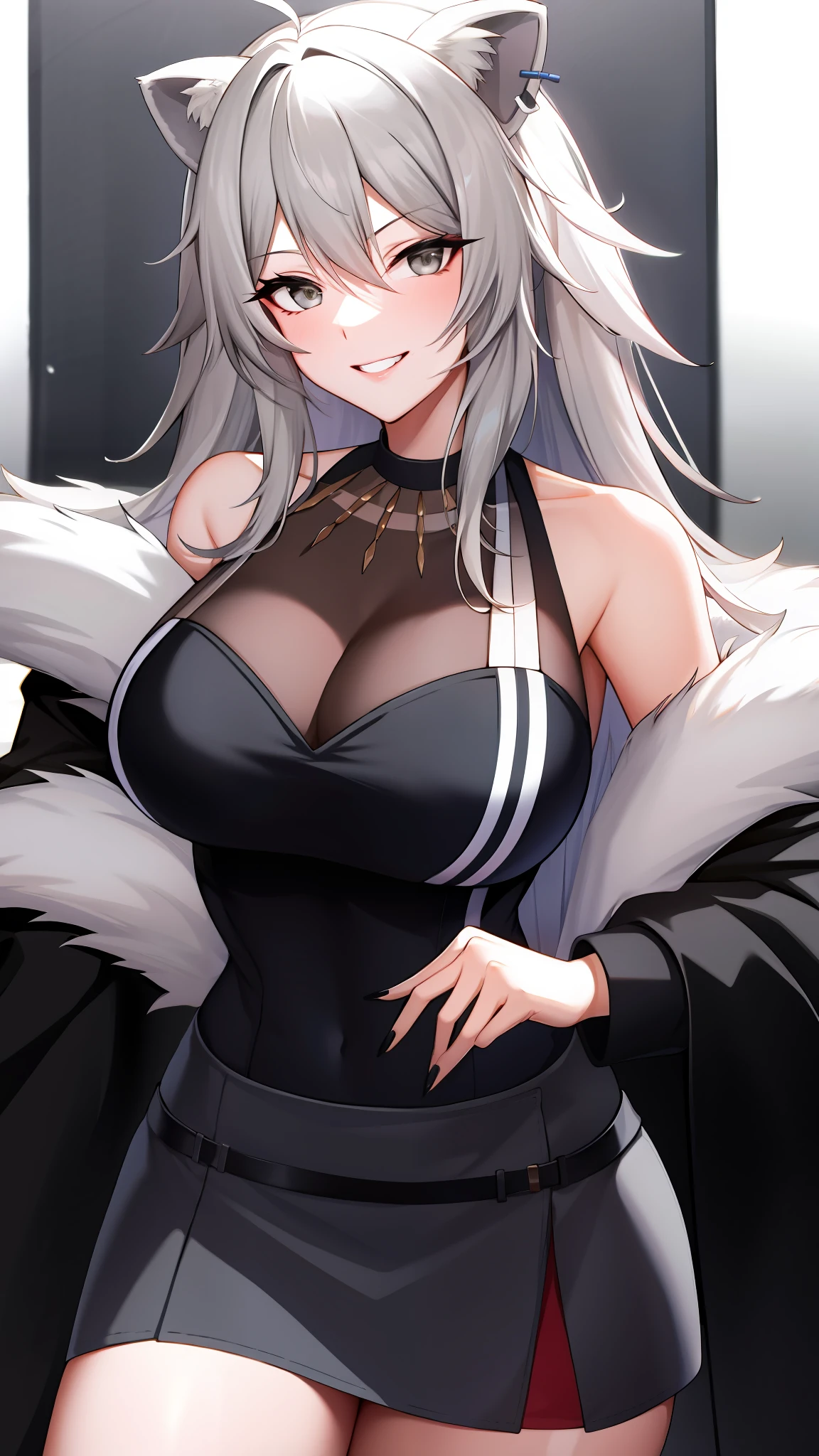 absurdres, highres, best quality,  Botan, black top, fur-trim, oionlion ears, messy hair, skirt, messy hair, grey eyes, grey hair, long hair, black nails, sharp nails, dynamic pose, sexy pose, seductively smile,