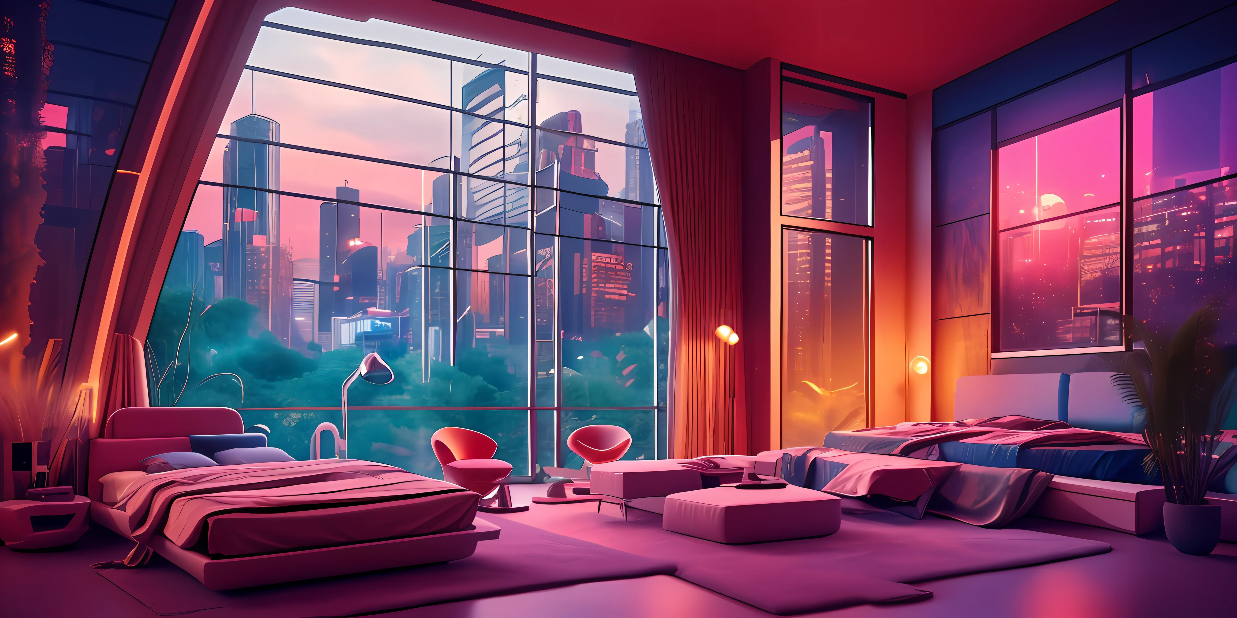 ((masterpiece)), (ultra-detailed), (intricate details), (high resolution CGI artwork 8k), Create an image of a retro futuristic cyberpunk bedroom. One of the walls should feature a big window with a busy, colorful, and detailed cyberpunk cityscape. Futuristic style with lots of colors and LED lights. The cityscape should be extremely detailed with depth of field. Utilize atmospheric lighting to create depth and evoke the feel of a busy futuristic city outside the window. Pay close attention to face details like intricate, hires eyes and bedroom accents. Camera: wide shot showing the room and the window. The window should be the focal point of the image. Lighting: use atmospheric and volumetric lighting to enhance the cityscape details. The room should be illuminated by the neon lights from the cityscape.