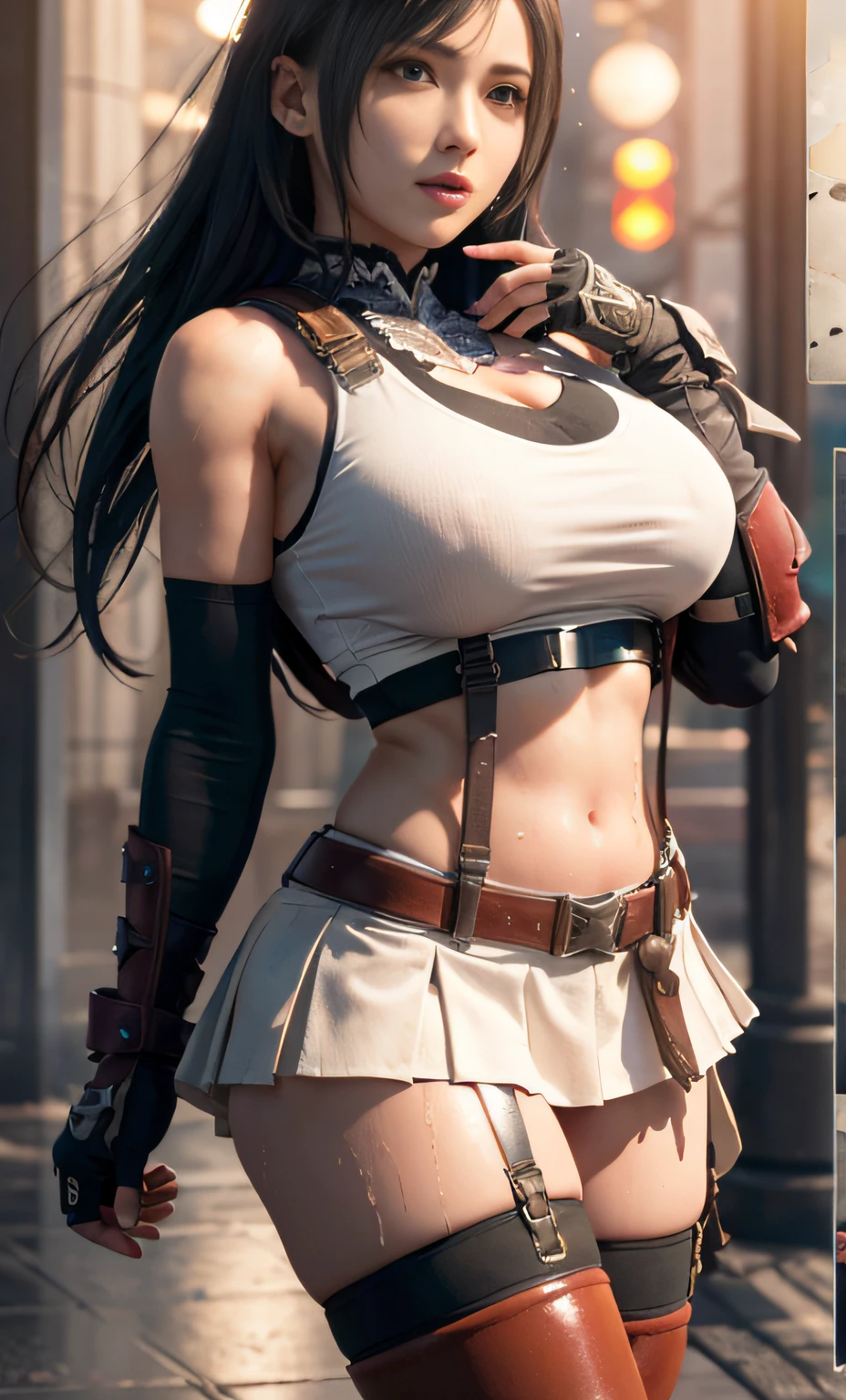 Unreal Engine 5 Realistic Render, (masterpiece, best quality), intricate details, ((Best quality)), ((masterpiece)), ((realistic)), (hyperrealism:1.2), (fractal art:1.2), 
1girl, tifa lockhart original costume, white crop top, arm guards, fingerless gloves, suspenders, pleated miniskirt, black thighhighs, red boots 
extreme detailed eyes, colorful, highest detailed, 
vibrant colors, high contrast,
(8K UHD:1.2), (photorealistic:1.2), beautiful face, top body is hyperrealistic thicc muscle and hyper largest_breasts!! with the type of boobs_melons, lower is huge buttocks, wet shiny body