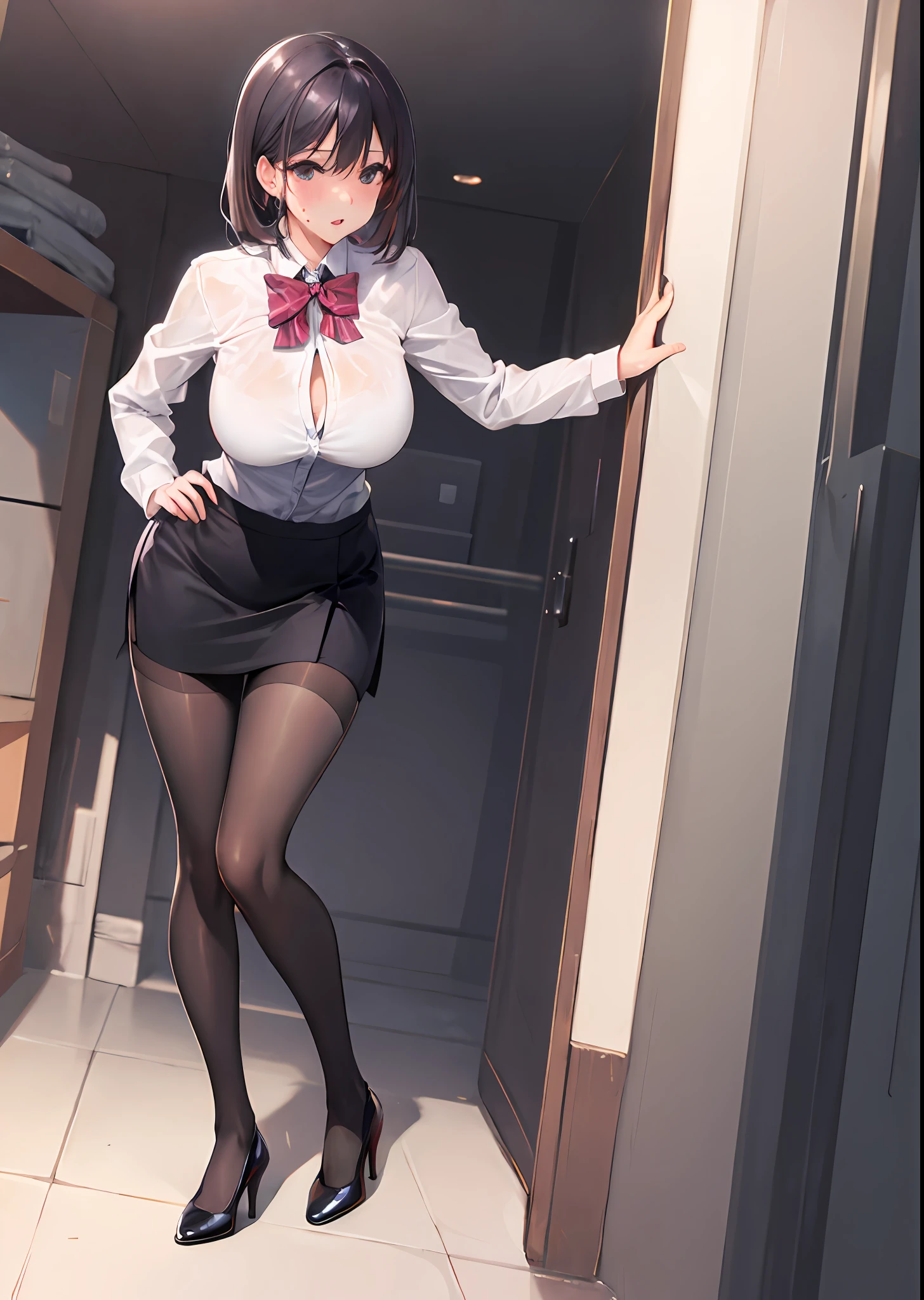 full body photo of a beautiful sexy secretary wearing extremely short skirt and seamed stockings, standing exactly, ((Solo)), Adult, In the office, High heels, desire big breasts, Sweaty